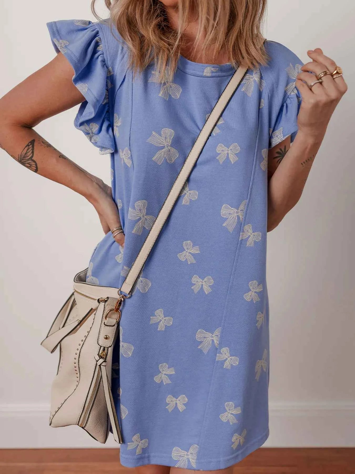 Bow Knot Print Crewneck Ruffled Sleeve Shift Mini Dress b39211d9527a4a8083329ac9dfffc39f-Max-Origin