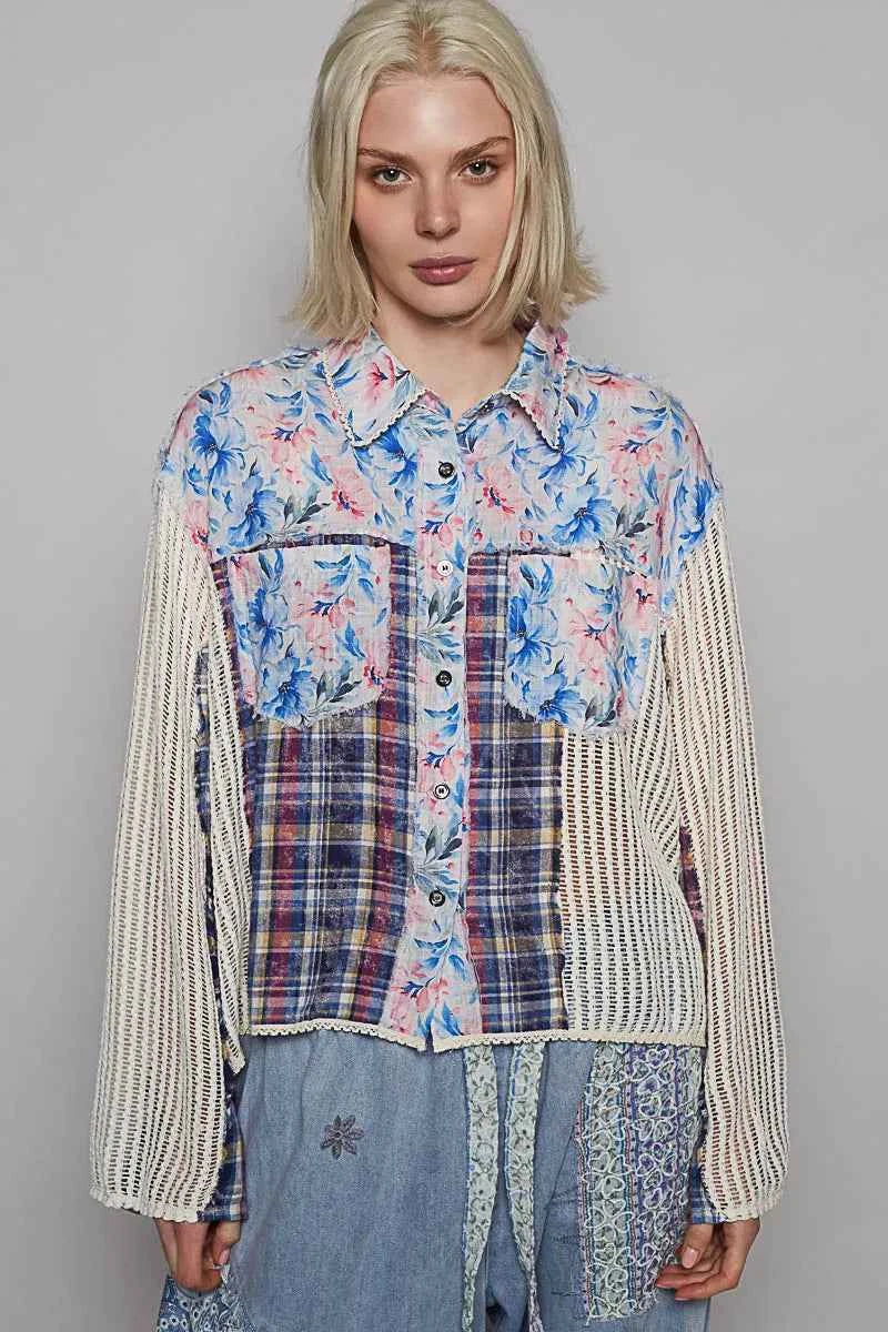 POL Floral Slit Back Plaid Patchwork Shirt b3976803-249f-4d25-99fa-c03d5905362a-Max-Origin