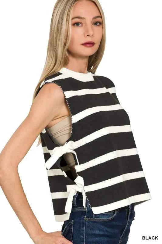 Zenana Side Tie Stripe Sweater Vest BLACK b3b5bc67-9386-4738-be3d-e03076787bae-Max-Origin