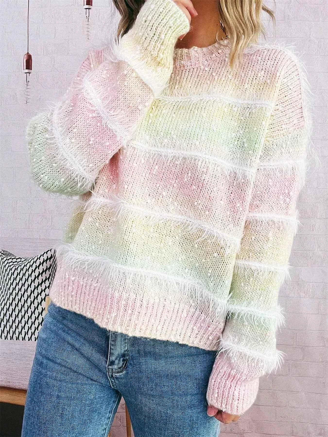 Gradient Striped Round Neck Sweater Multicolor One Size b3bfc3db330f402c87f9d7caee05df06-Max-Origin