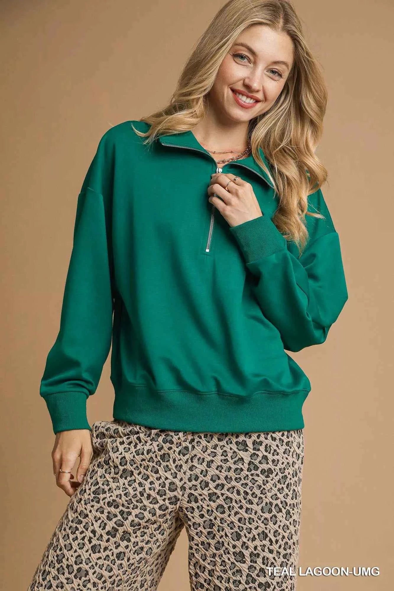 Umgee Half Zip Drop Shoulder Sweatshirt TEAL LAGOON-UMG b3cf34bd-7fc9-4867-9a7c-1c16319f8b2c-Max-Origin