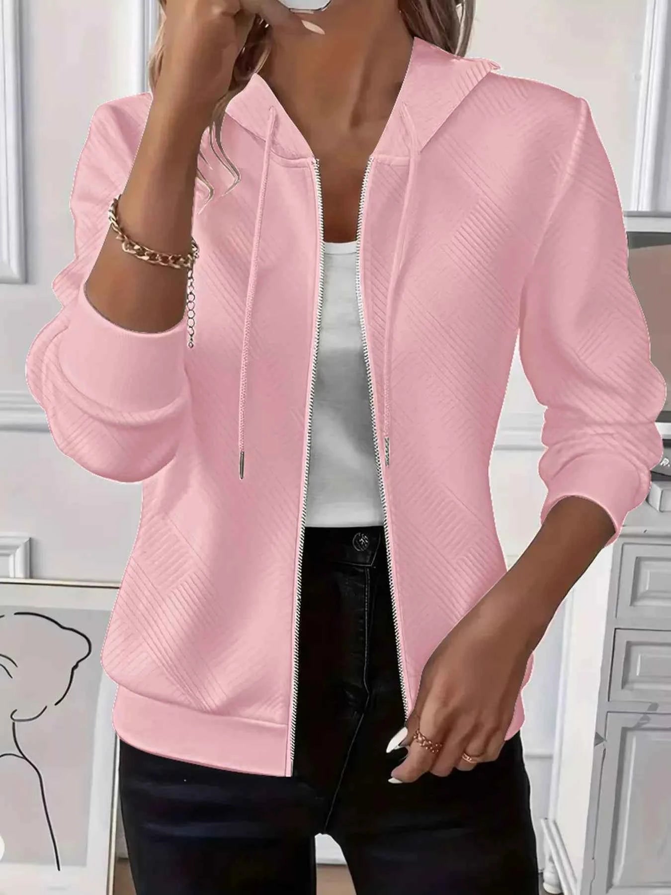 Texture Zip-Up Hoodie with Drawstring Pink b3d87a8e-73f7-4a0e-8293-f401715cacb1-Max-Origin