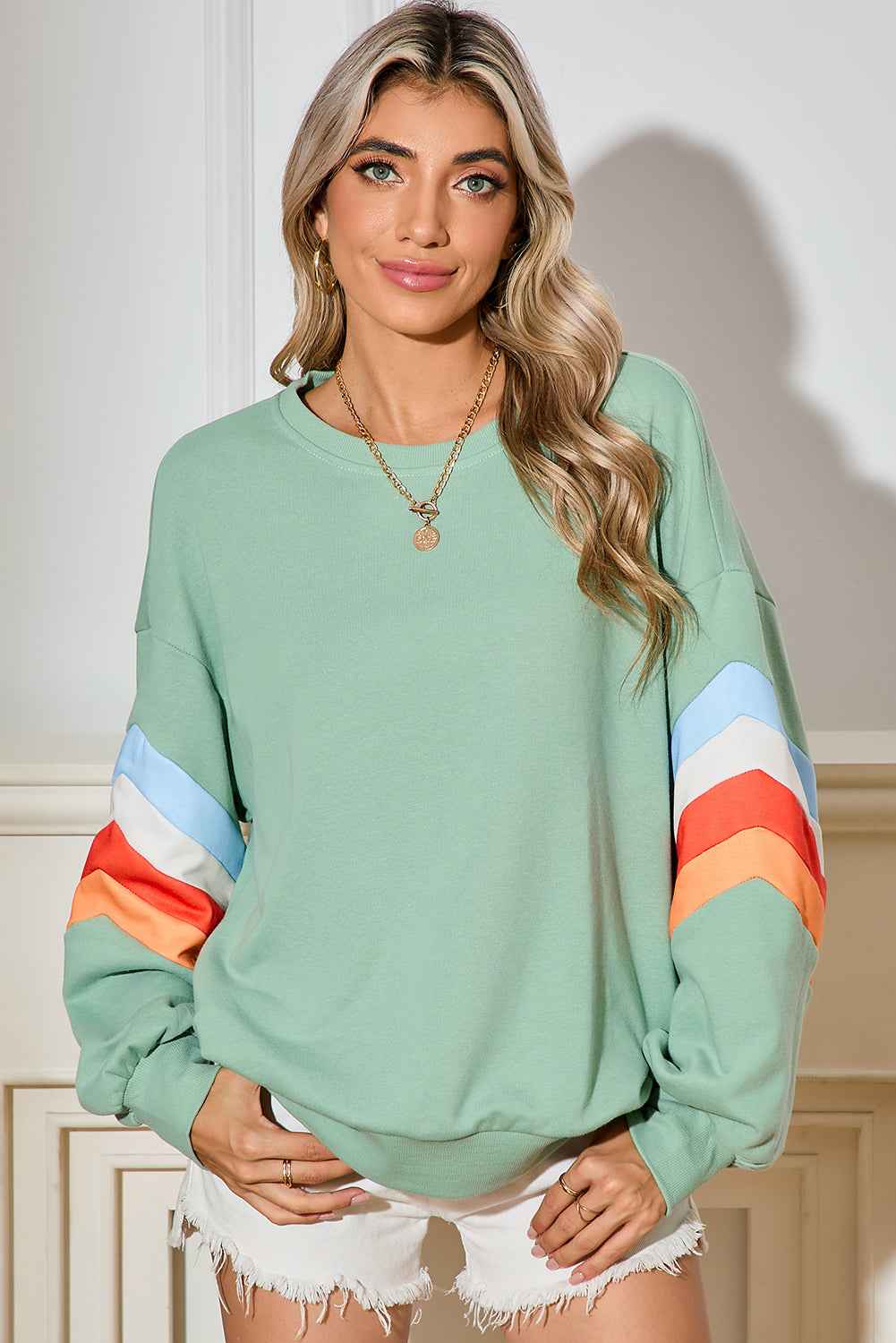 Moonlight Jade Patchwork Drop Sleeve Loose Sweatshirt b3f1cfcf7bf66c1c