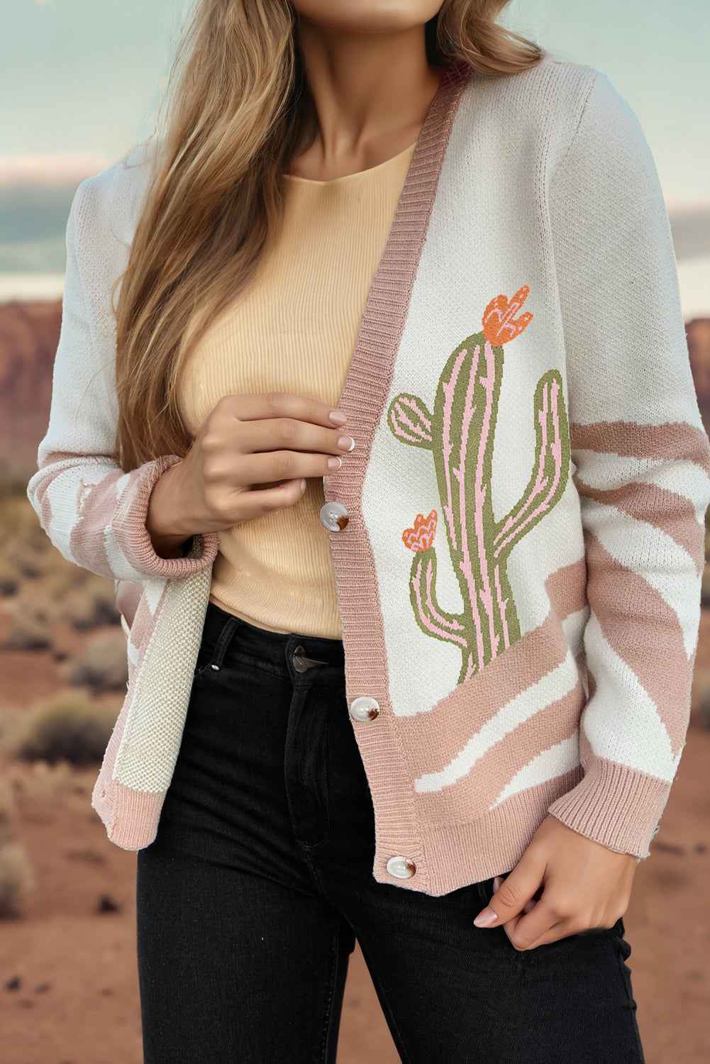 Apricot Cactus Pattern Button Front Knit Cardigan Apricot 52%Viscose+26%Polyester+22%Polyamide b400264315b59f3d