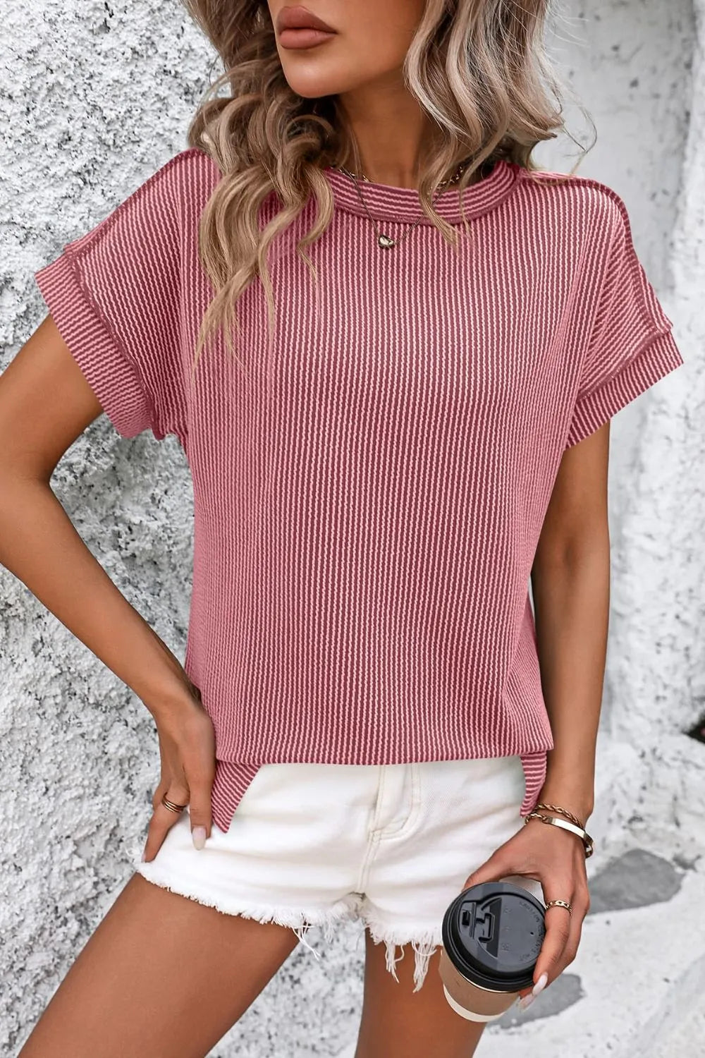 Mandy Striped Round Neck Short Sleeve T-Shirt Deep Rose b412b749-ee79-42c3-a21c-a8ef8769bf92-Max