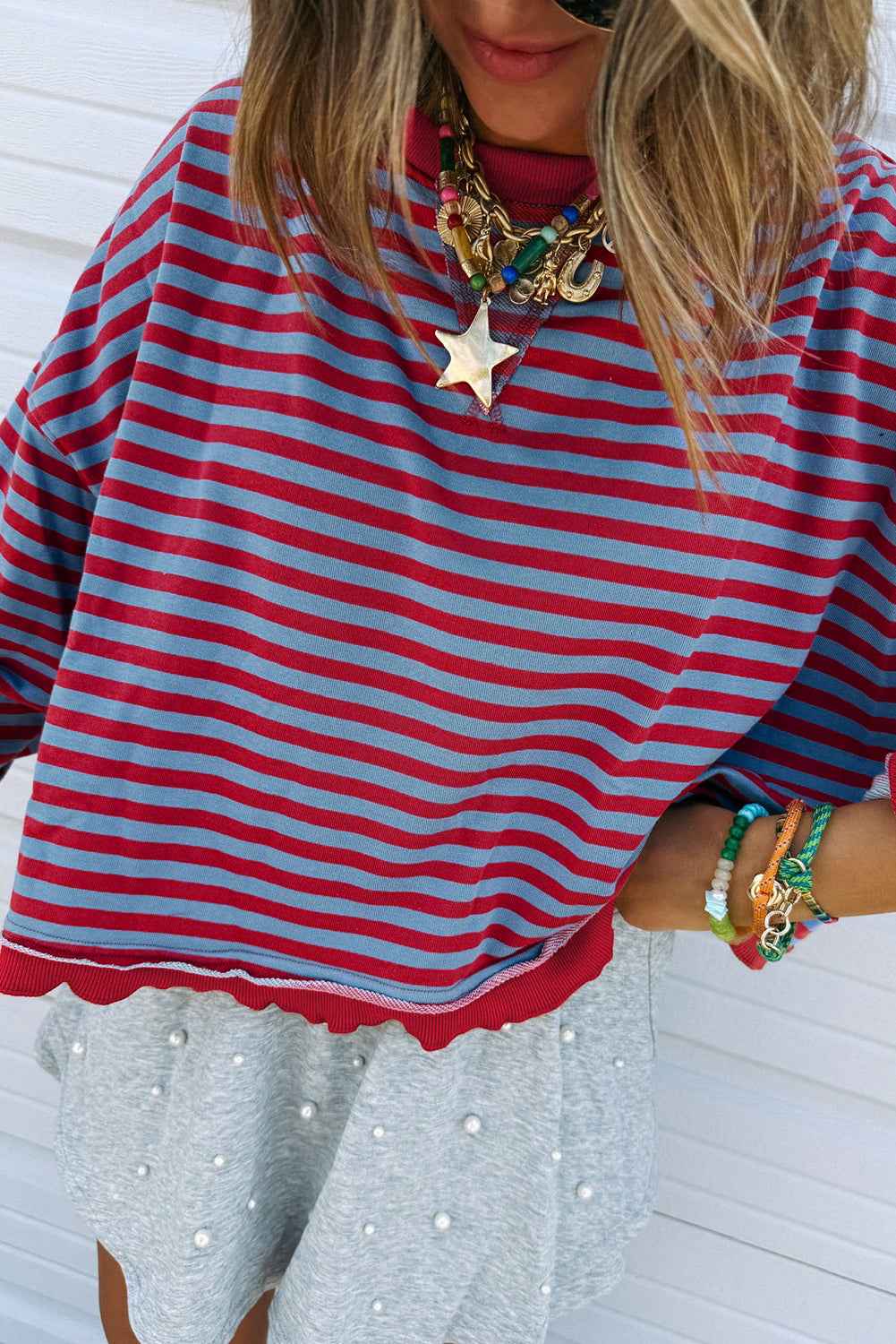 Red Stripe Exposed Seam Contrast Ribbed Trim Oversize Sweatshirt Red Stripe 95%Cotton+5%Elastane b41a7a822412f6ba