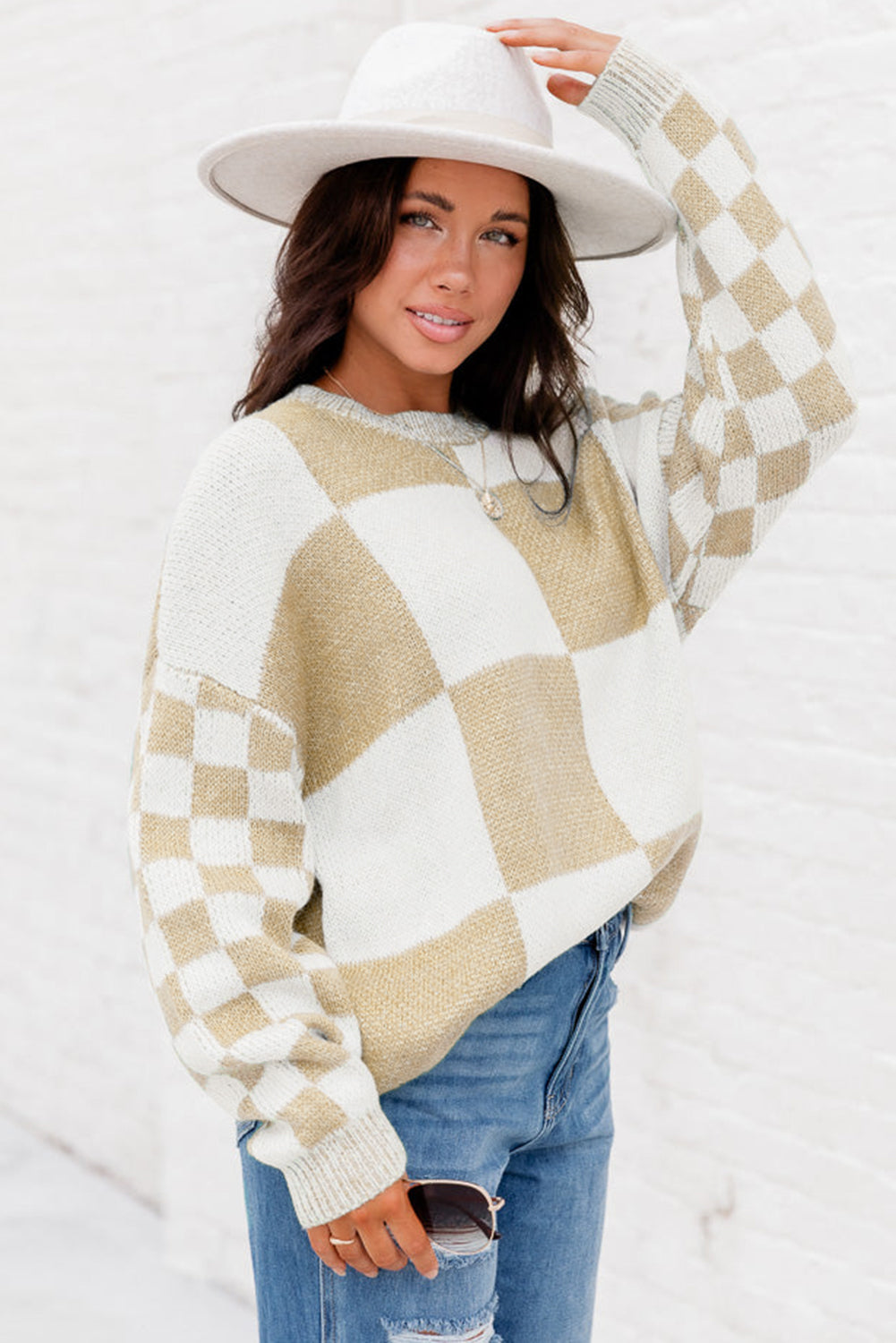 Flaxen Plaid Knitted Drop Shoulder Sweater b4234fb383f842a0