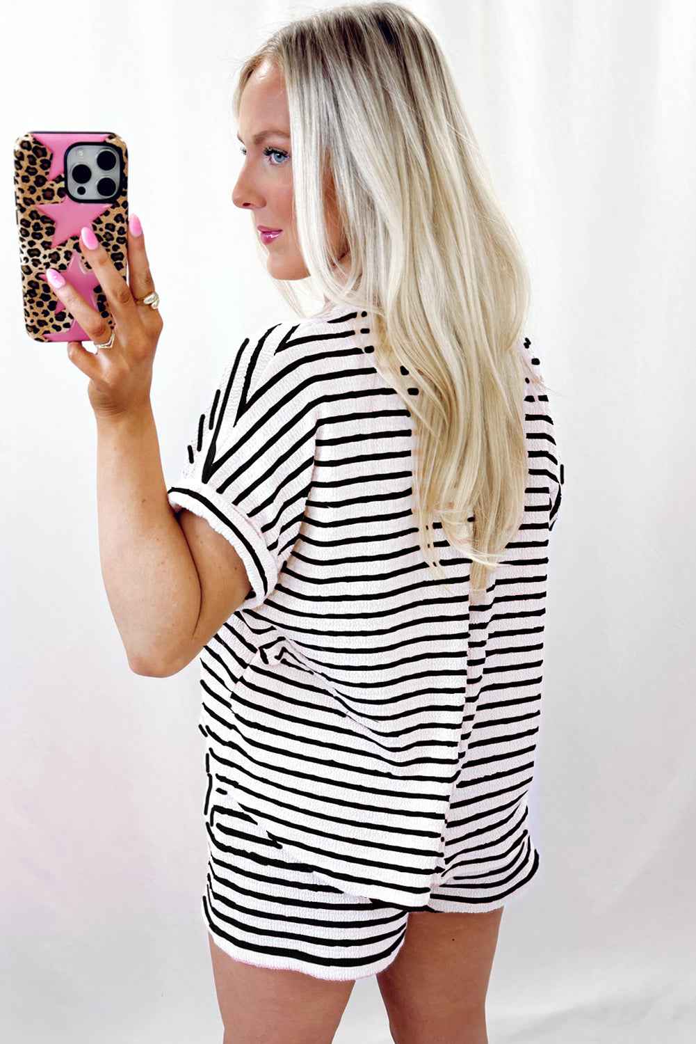 Sky Blue Striped Print Short Sleeve Top and Pocket Shorts Set b423c5a1b00cbb48