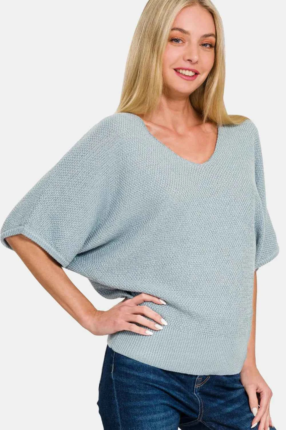 Zenana V-Neck Short Sleeve Dolman Sweater Blue Grey b43a1554-3f3c-4e99-95a4-24fd6ba65294-Max