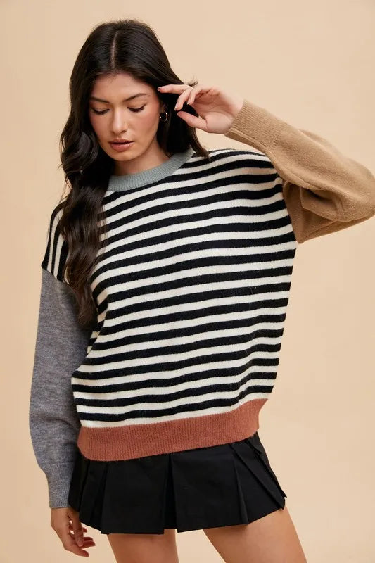 Annie Wear Striped Color Block Round Neck Sweater Ivory Black b444d871-9a08-4fed-a858-bb3a2aaad74b-Max