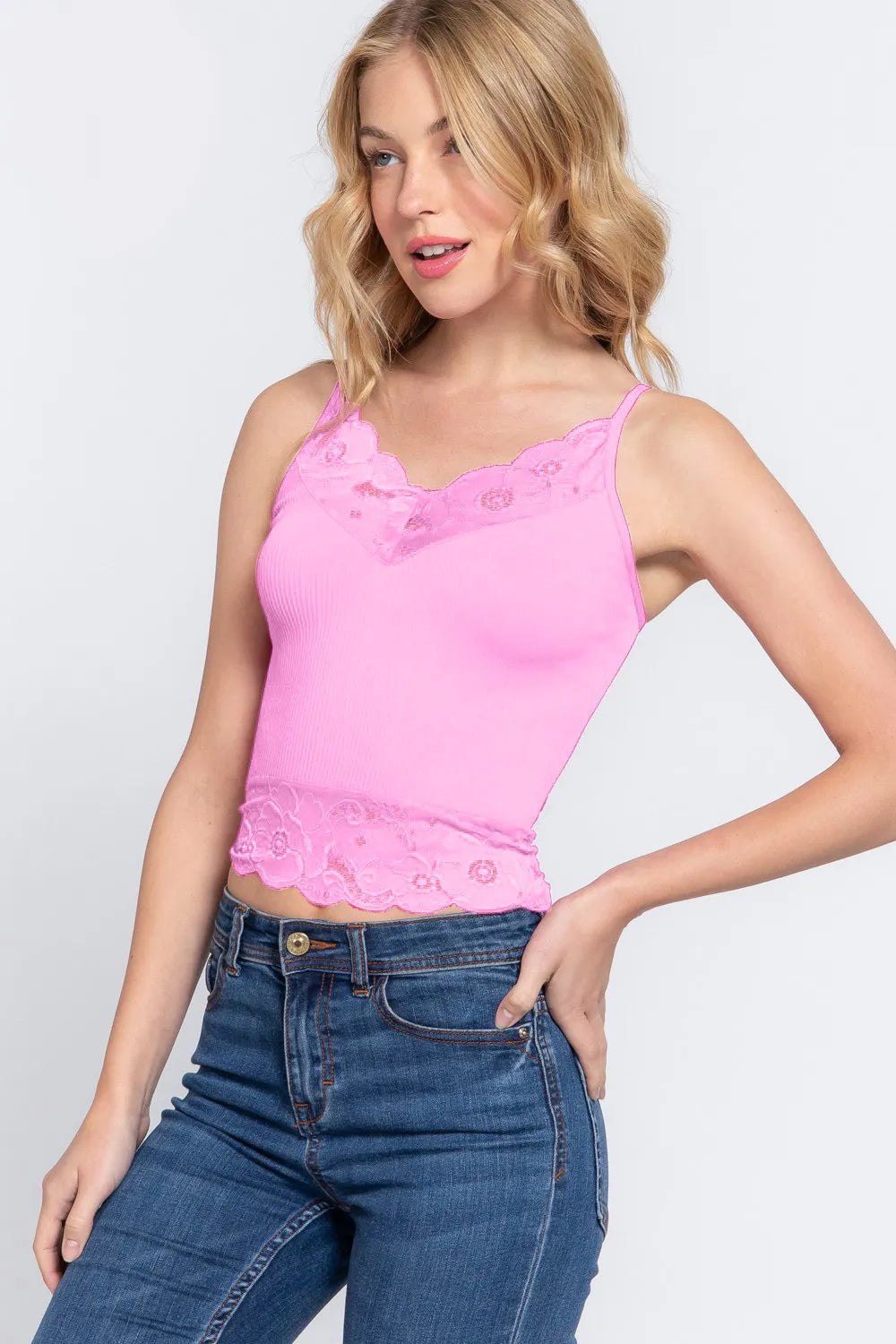 ACTIVE BASIC V-Neck Lace Detail Ribbed Seamless Cami b44985d1-abb3-4453-b59a-b13471cf932f-Max