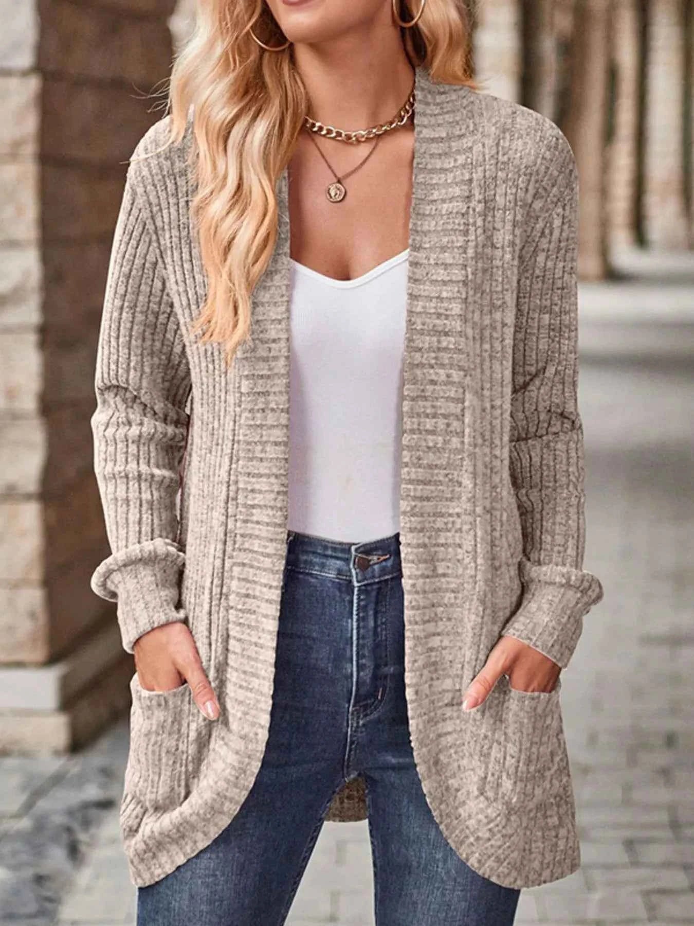 Ribbed Knit Open Front Cardigan with Pockets Gray b44b1fdd-4233-4567-960d-f4a9754694b1-Max-Origin