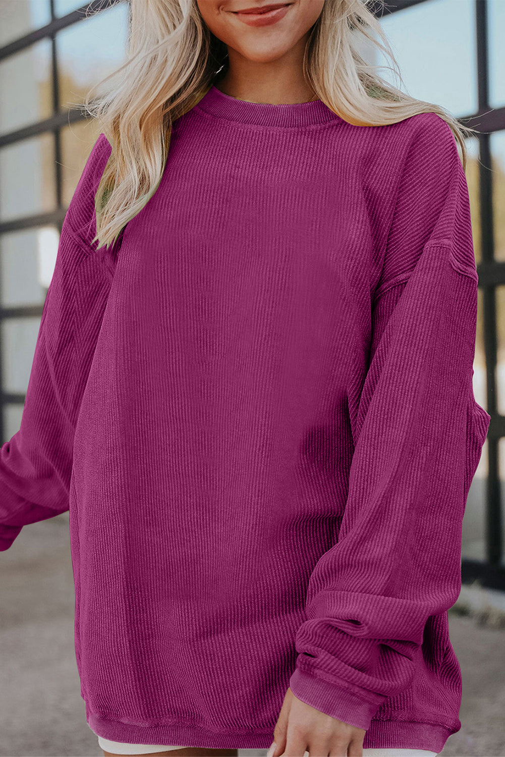 White Drop Shoulder Rib Knit Oversized Sweatshirt Festival Fuchsia 100%Polyester b45b2921a20eb2a3