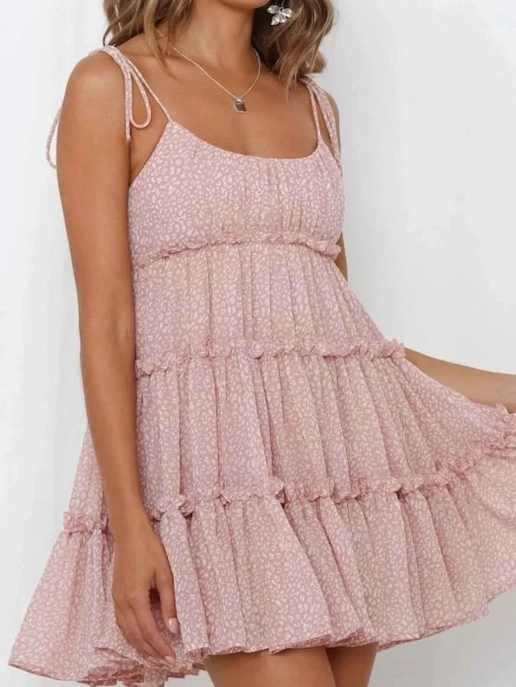 Printed Tie-Strap Tiered Mini Dress Dusty Pink b46fc4ff-7a2f-4a2d-bb70-9ddc7087beb9-Max-Origin