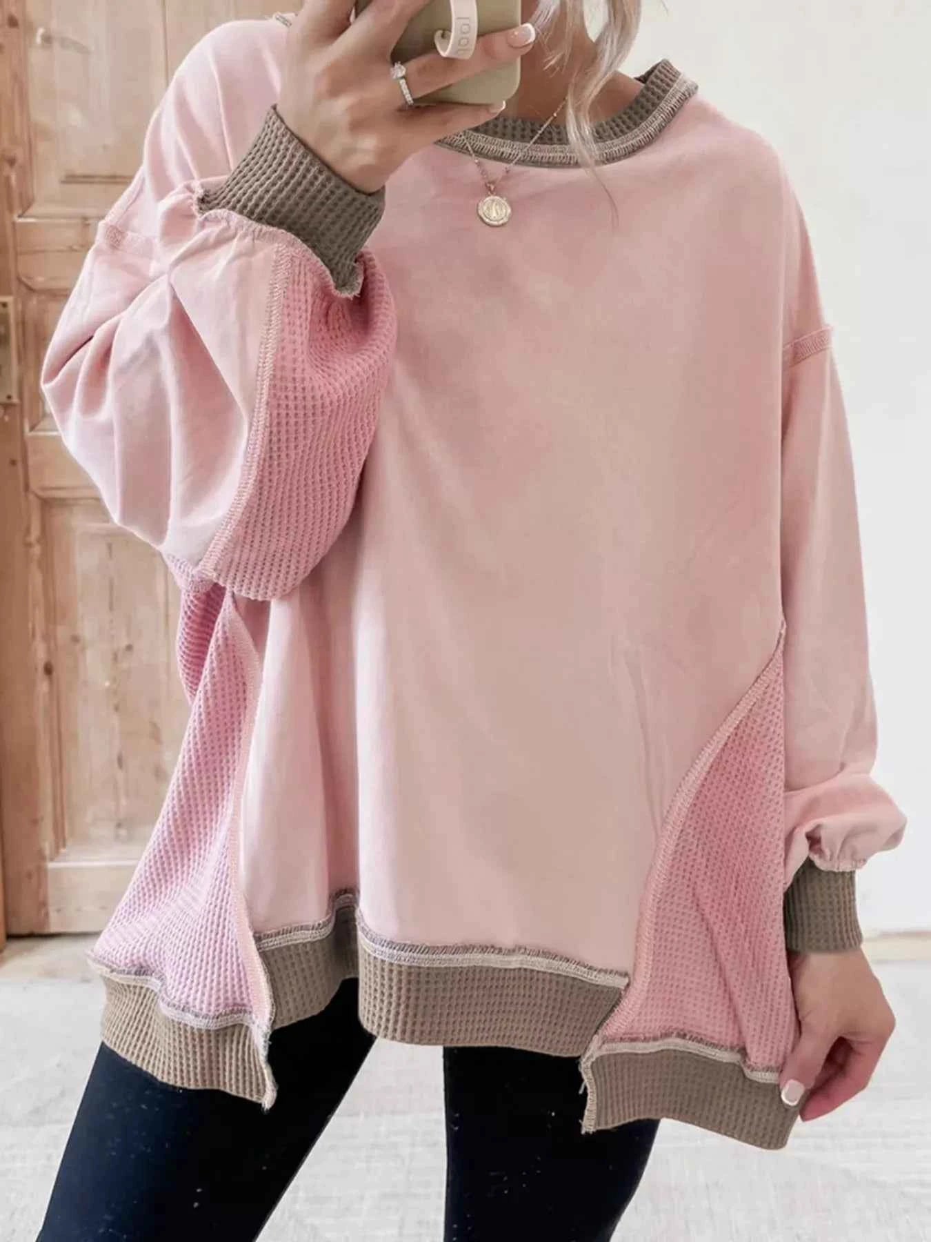 Color Block Mix Texture Waffle Patchwork Oversize Sweatshirt Dusty Pink b470b5065b4a4a779dd9635a2ae032c4-Max-Origin