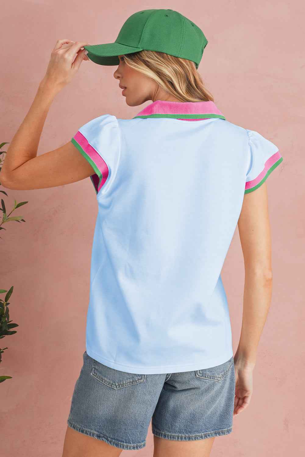 White Pop of Color Collared V Neck Ruffle Sleeve Blouse b4730e0c3d77bebd