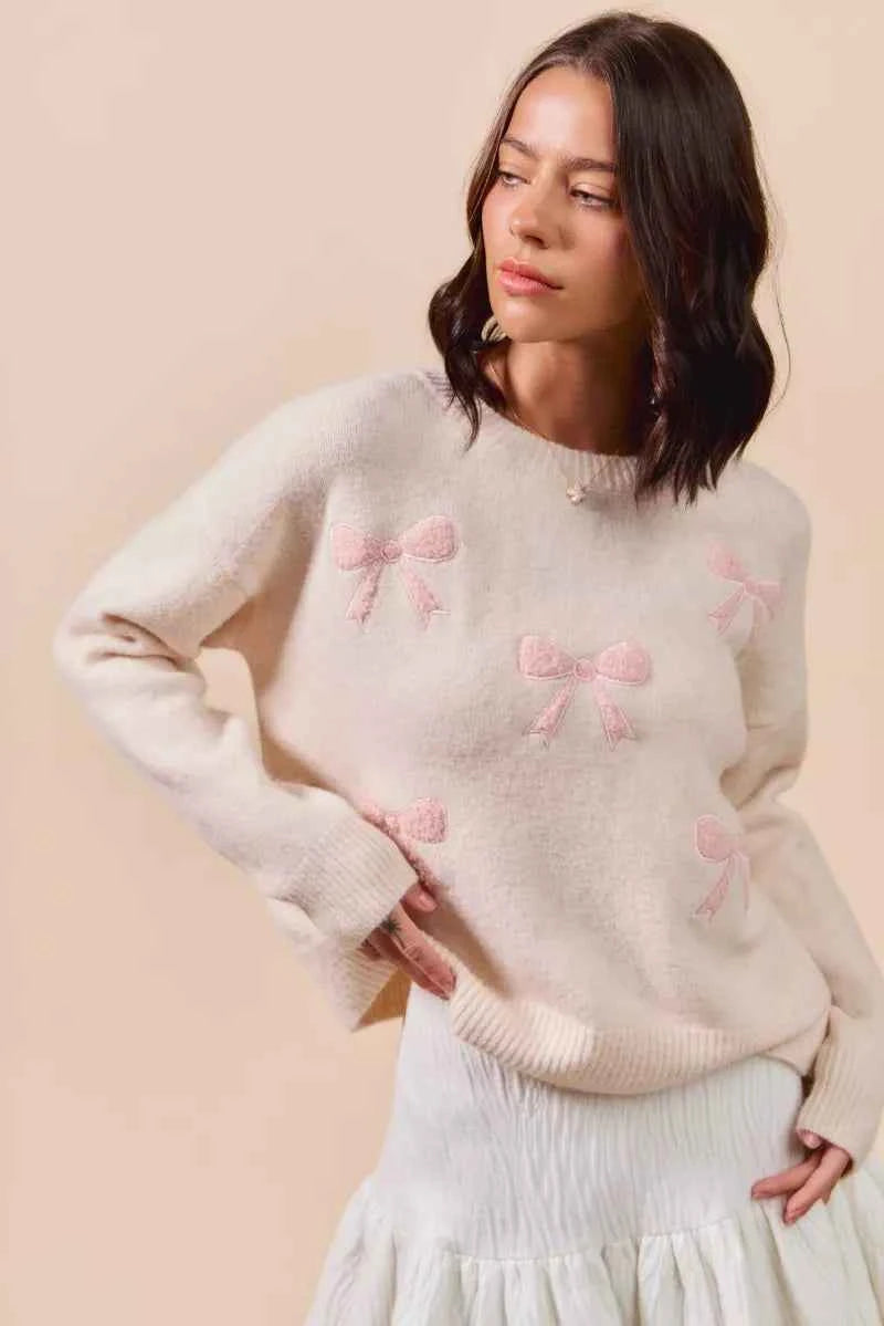 SO ME Embroidered Ribbon Round Neck Sweater b4921c0758144570ae1dba24e31630a1-Max-Origin
