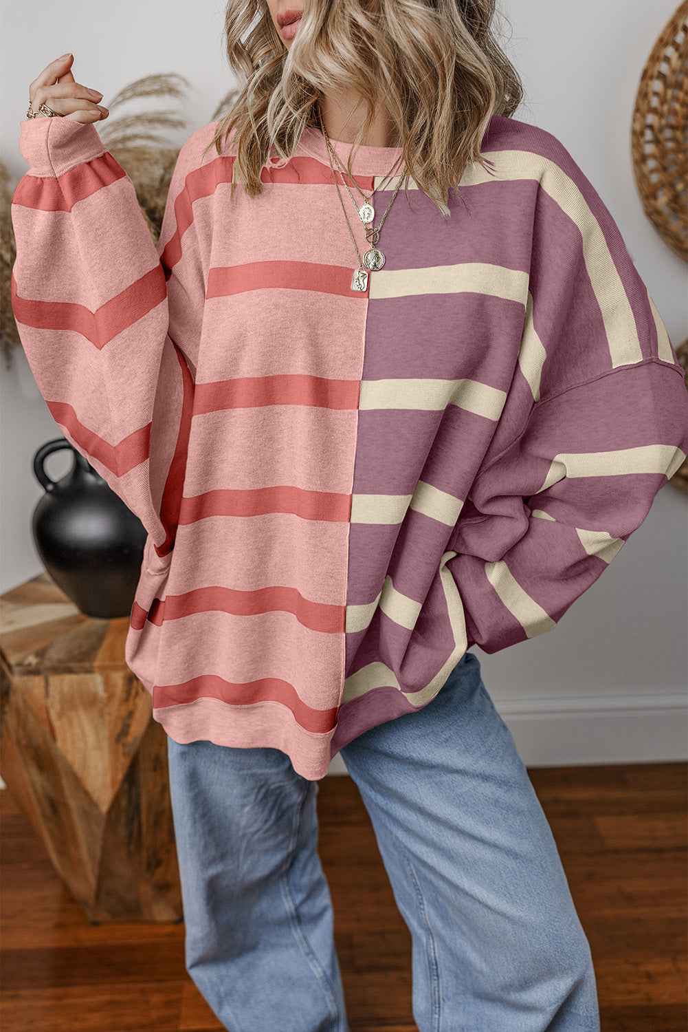Pink Striped Patchwork Drop Shoulder Sweater Pink Stripe 50%Viscose+28%Polyester+22%Polyamide b49ce9228c693c61