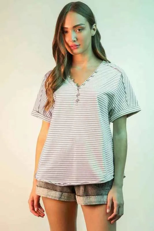 VERY J Striped V-Neck Short Sleeve T-Shirt Lavender b4baf23fb5c343d685ef60dbada212f0-Max-Origin