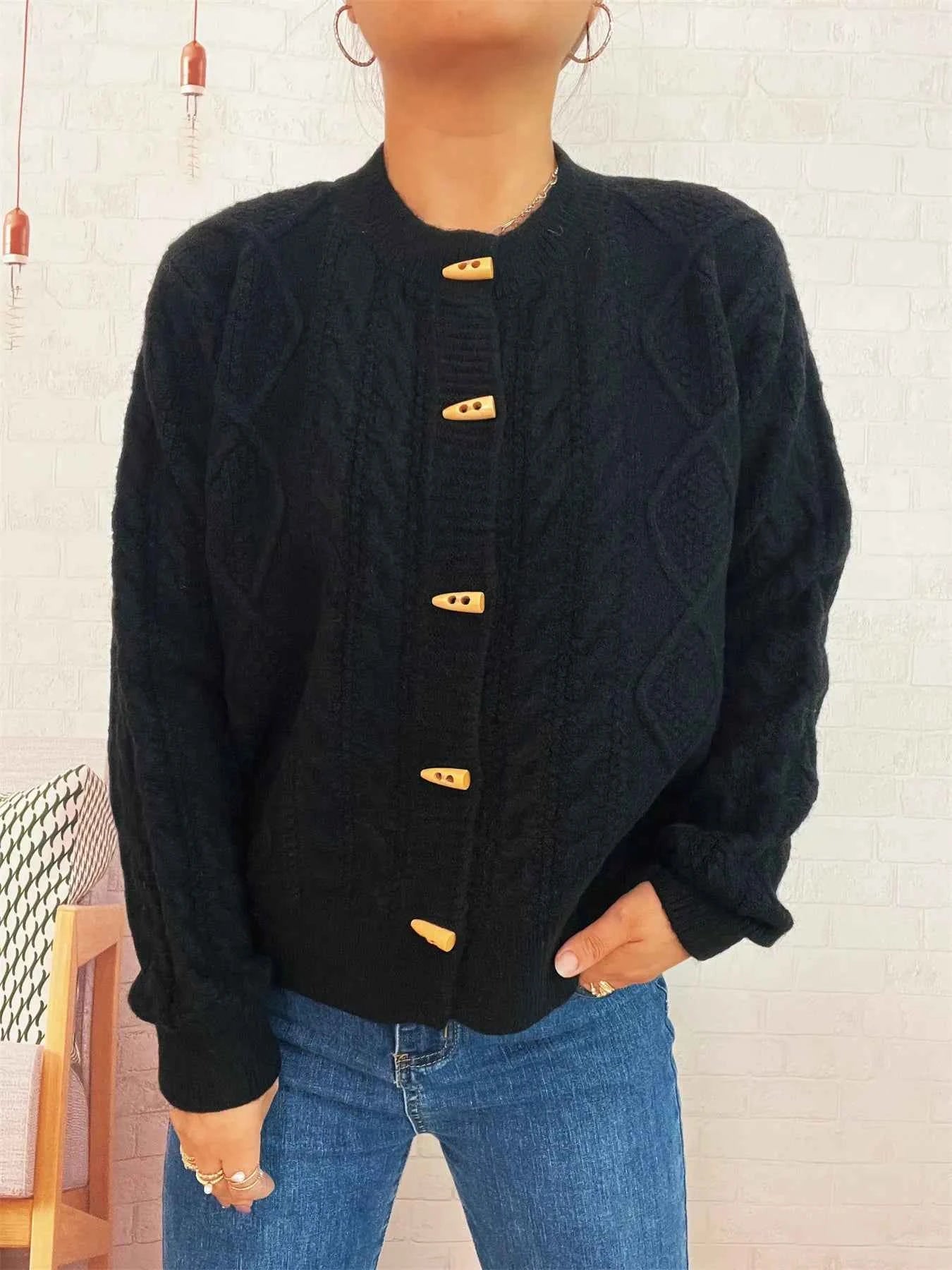 Cable Knit Button-Up Cardigan Black One Size b4c530a46cfc4ac299853f3ac9b58290-Max-Origin