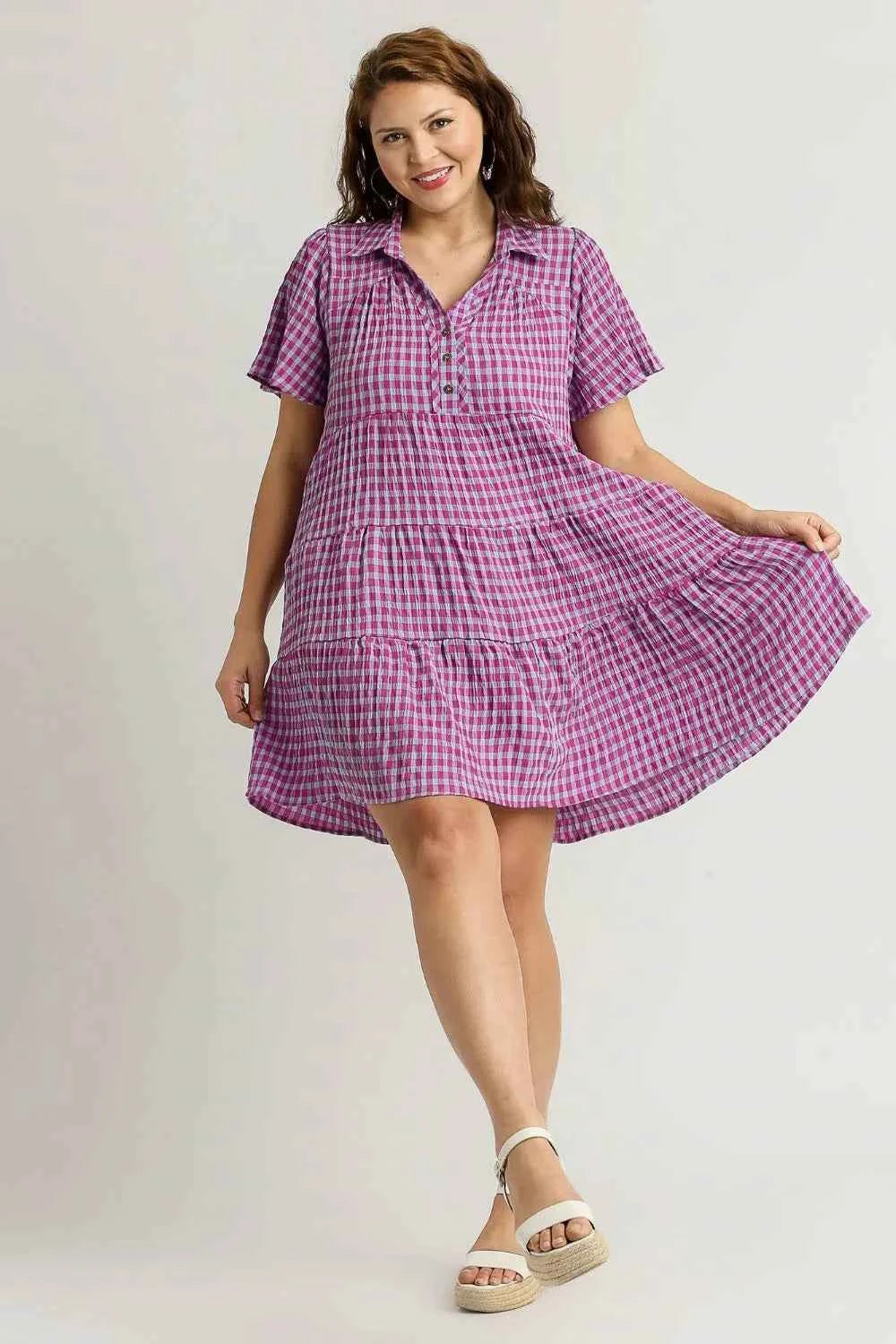 Umgee Full Size Gingham Tiered Button Detail Short Sleeve Dress Plus Size b4c99de2-0dde-4d5b-9fbd-f1cd82e7e82a-Max