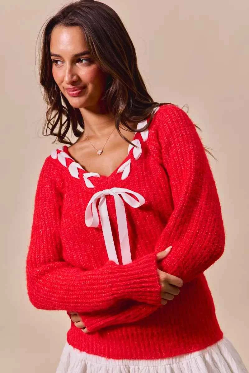 SO ME Satin Tape Braided Ribbon Tie V Neck Sweater RED b4e12e38aa064a279a78e2f640fb7b8c-Max-Origin