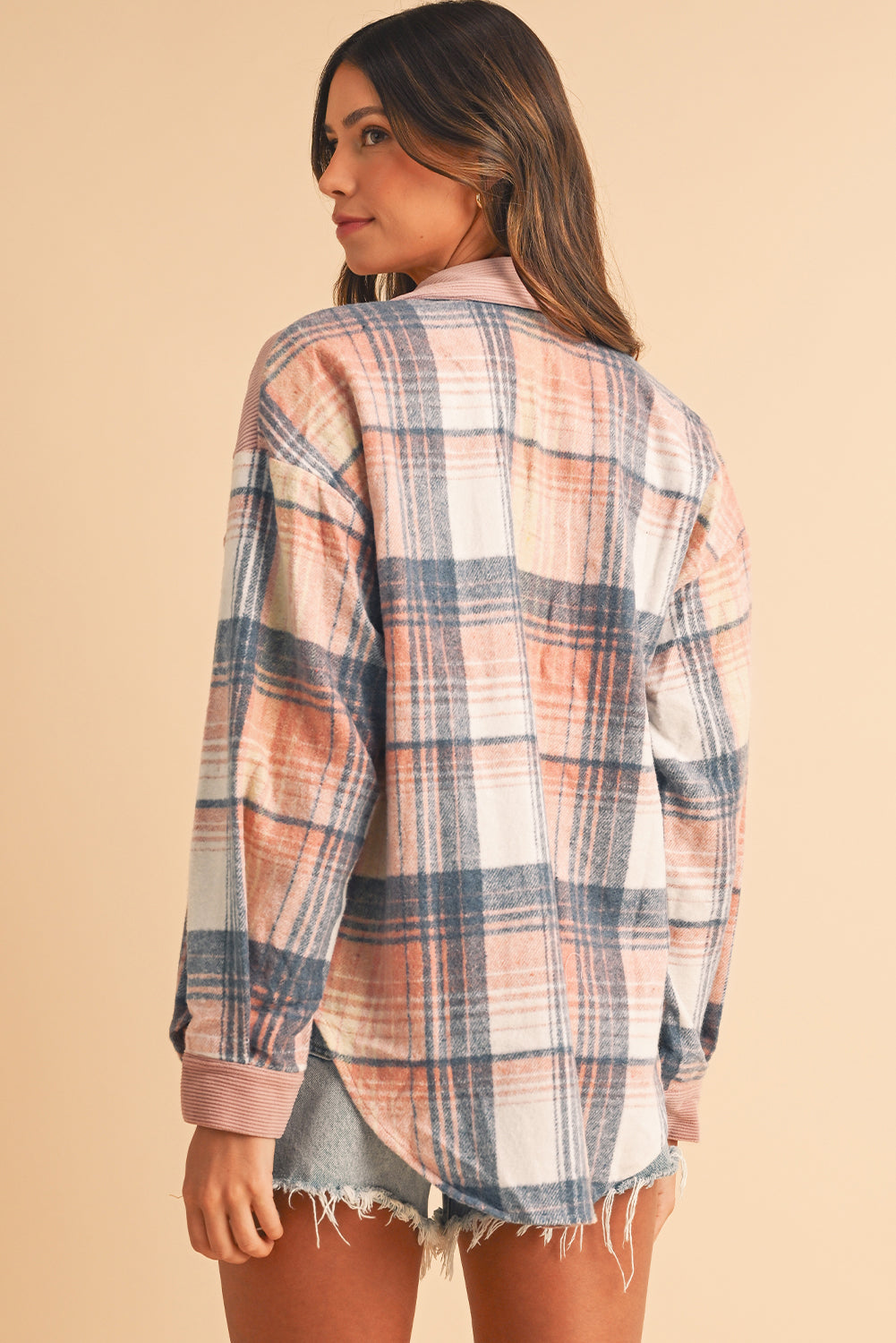Cinnamon Plaid Corduroy Patchwork Pocket Loose Shacket b4f75b3291dfcab7