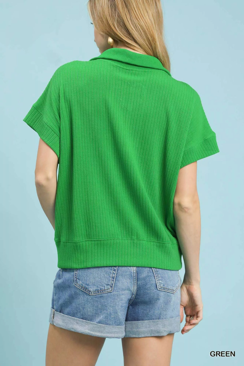 Umgee Textured Striped Zip Collar Knit Top b51324af-f922-440b-aa9f-d91c49729a4d-Max-Origin