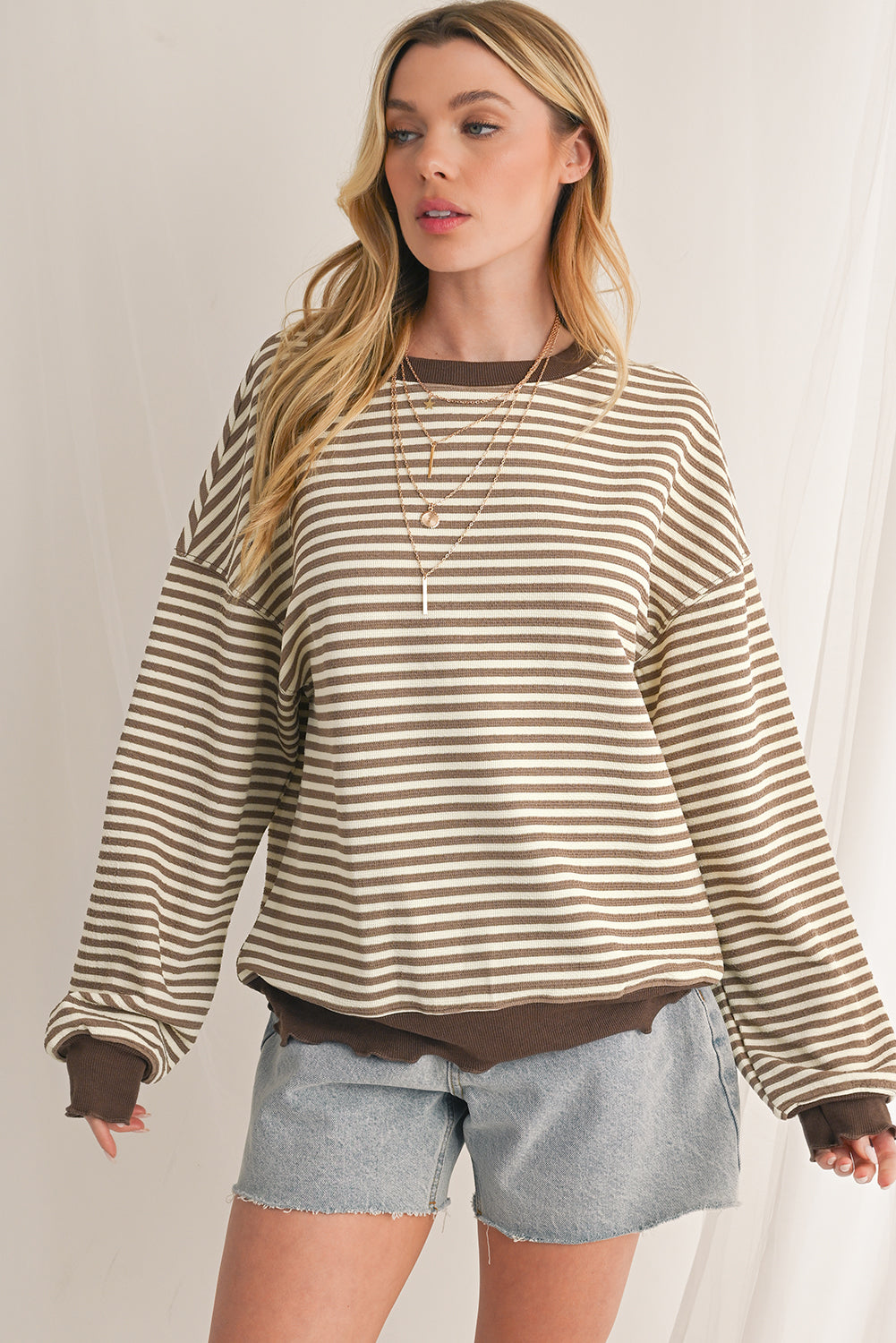 Brown Stripe Drop Shoulder Long Sleeve Top b5145652fc919248