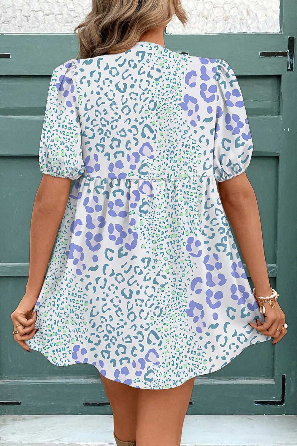 Sky Blue Leopard Bow Front Puff Sleeve Mini Dress b51e81c82f8be794-_2