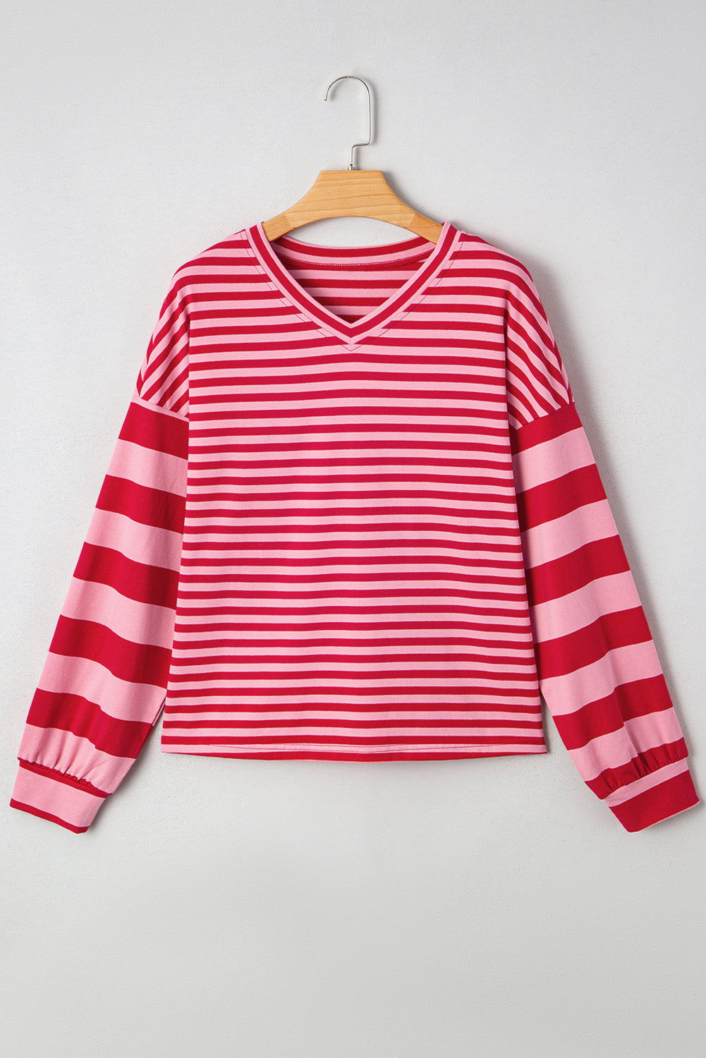 Strawberry Pink Striped V Neck Drop Sleeve Top b5307ed8d02c3d68