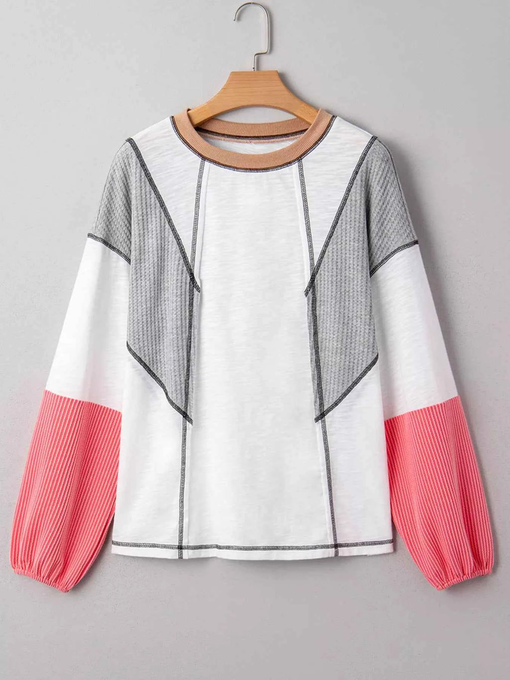 Color Block Textured Knit Patchwork Casual Top b530e569d907440994cd11ee2fb7bf9e-Max-Origin