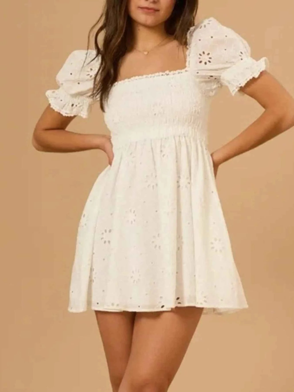 Eyelet Puff Sleeve Smocked Mini Dress b5646aa8-8347-46be-8c3e-3607b2b25538-Max-Origin