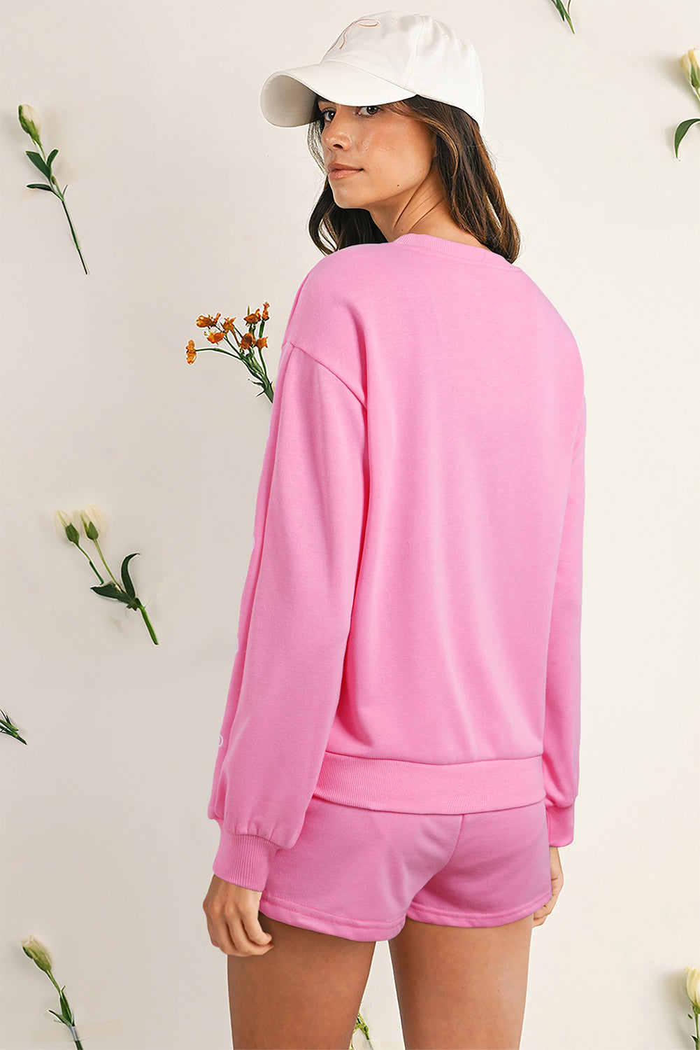 Sachet Pink Bow Embroidery Long Sleeve Pullover and High Waist Shorts Set b56c3aafa33d6fad