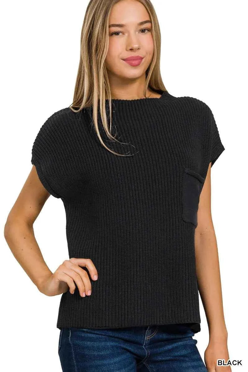 Zenana Mock Neck Short Sleeve Sweater BLACK b571bdaec23c4fca8cd826e306e9e3fb-Max-Origin