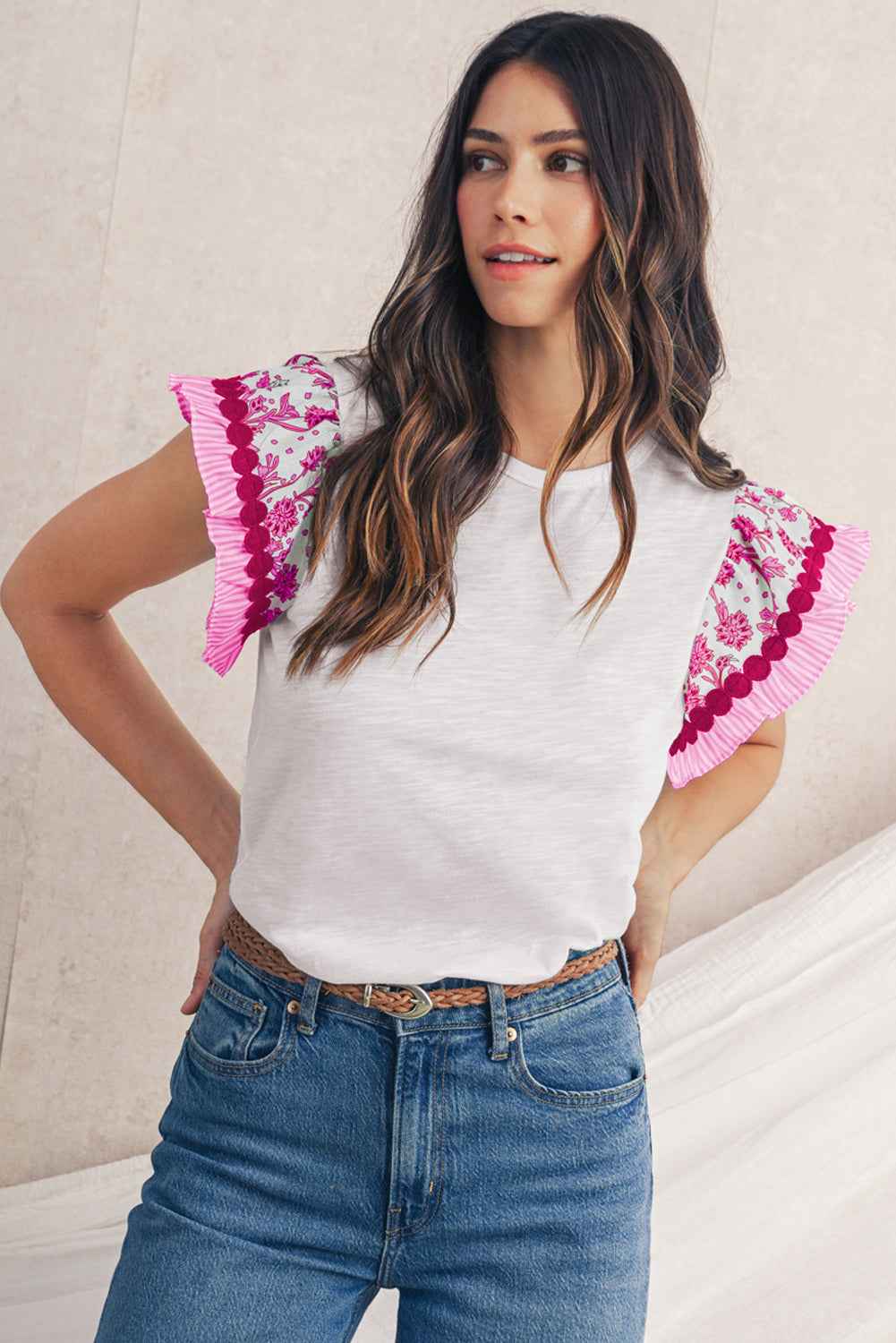 Blue Floral Striped Patchwork Flutter Sleeve Blouse b5837d8aff0b1ad1