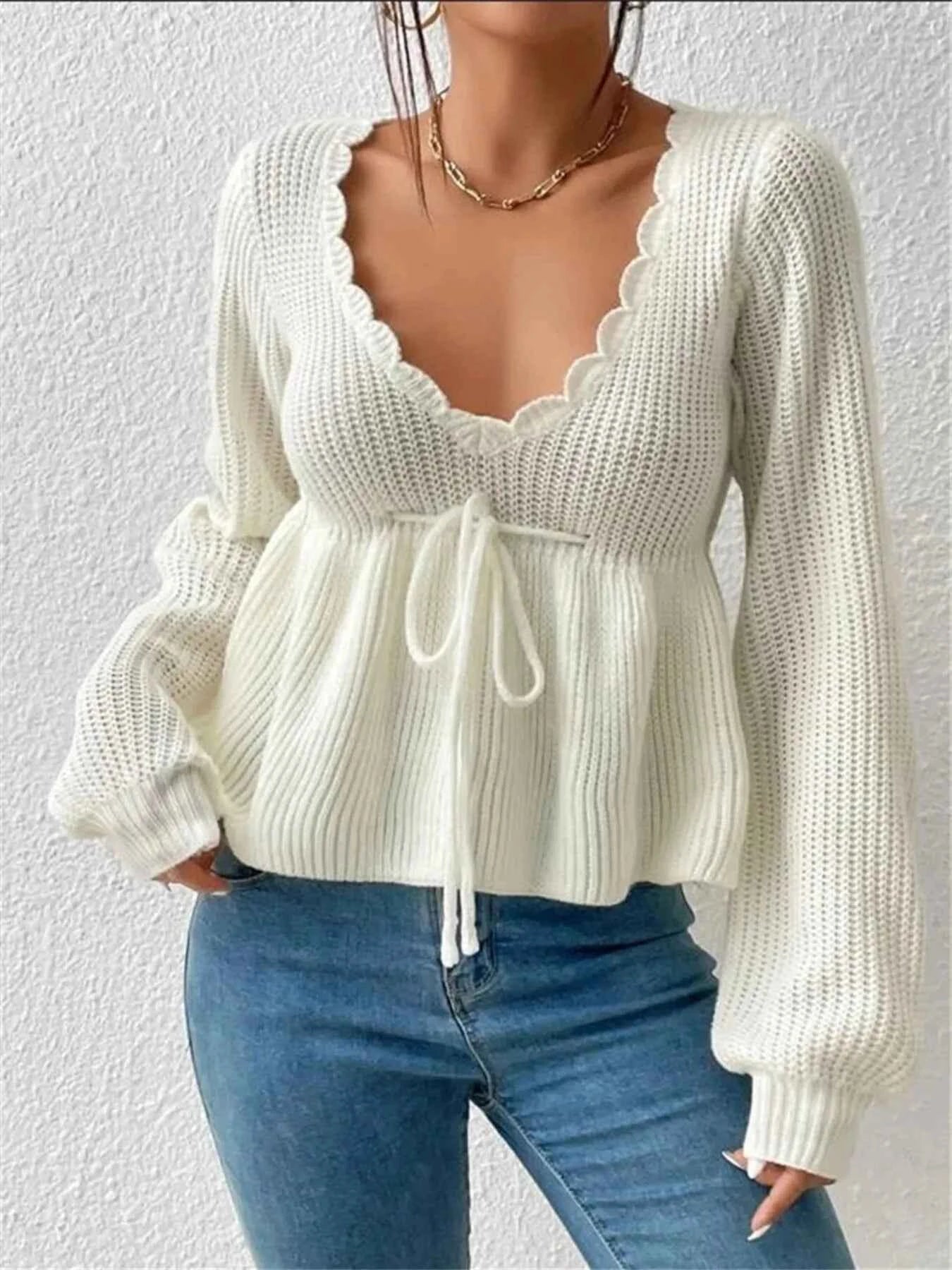 Scalloped V-Neck Drawstring Knit Top White b597cede677b4fa5a8e13b77bafb8169-Max-Origin