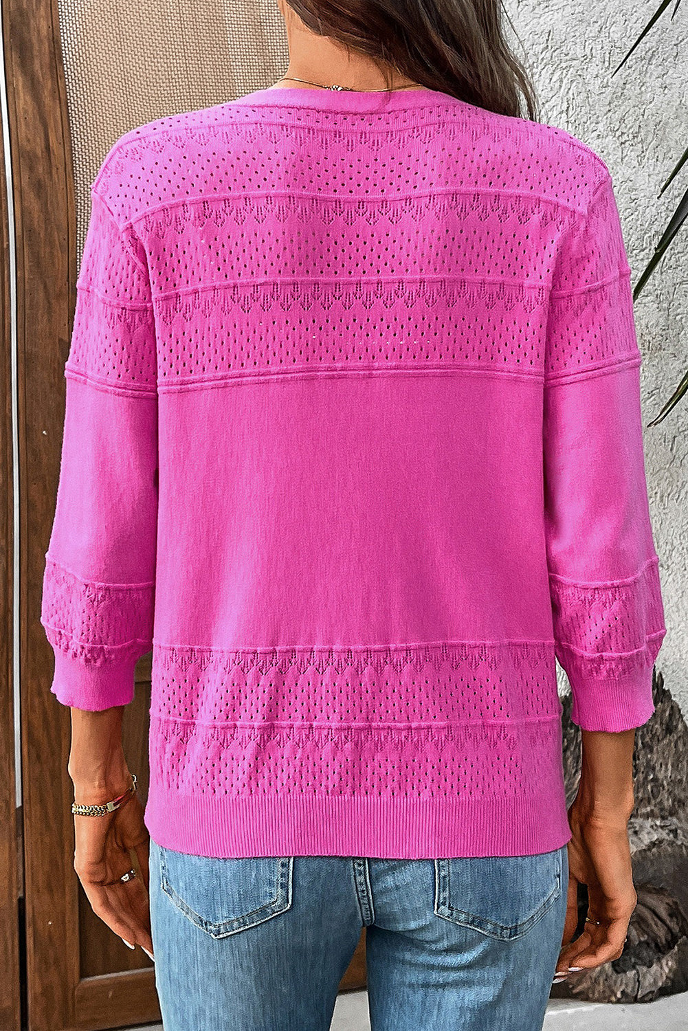 Bright Pink Hollow Knit 3/4 Sleeve V Neck Cardigan b598dc848d74d2e6