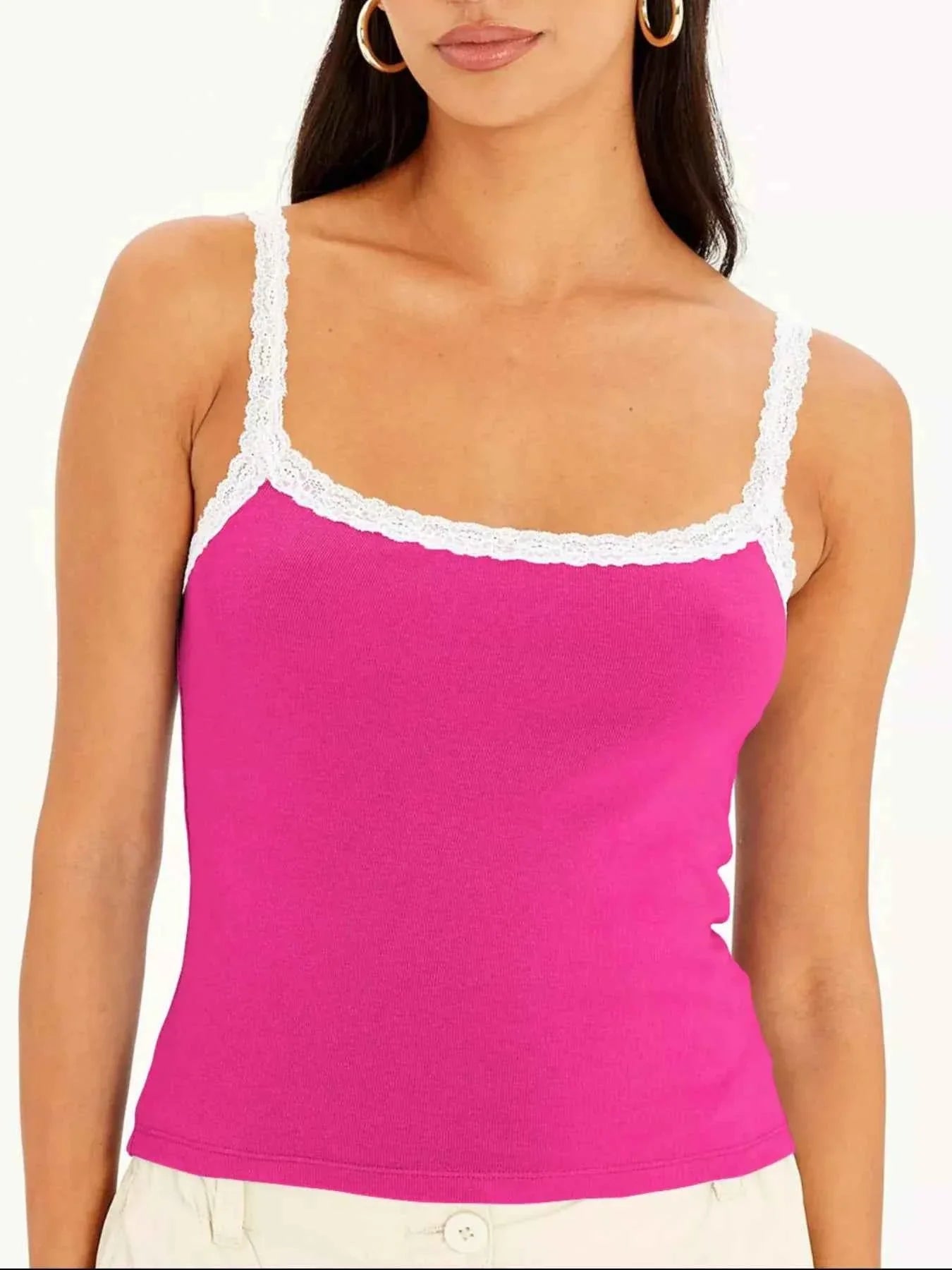 Lace Detail Contrast Trim Cami Hot Pink b59ad2d1-78b9-406c-9566-441c861a1990-Max-Origin