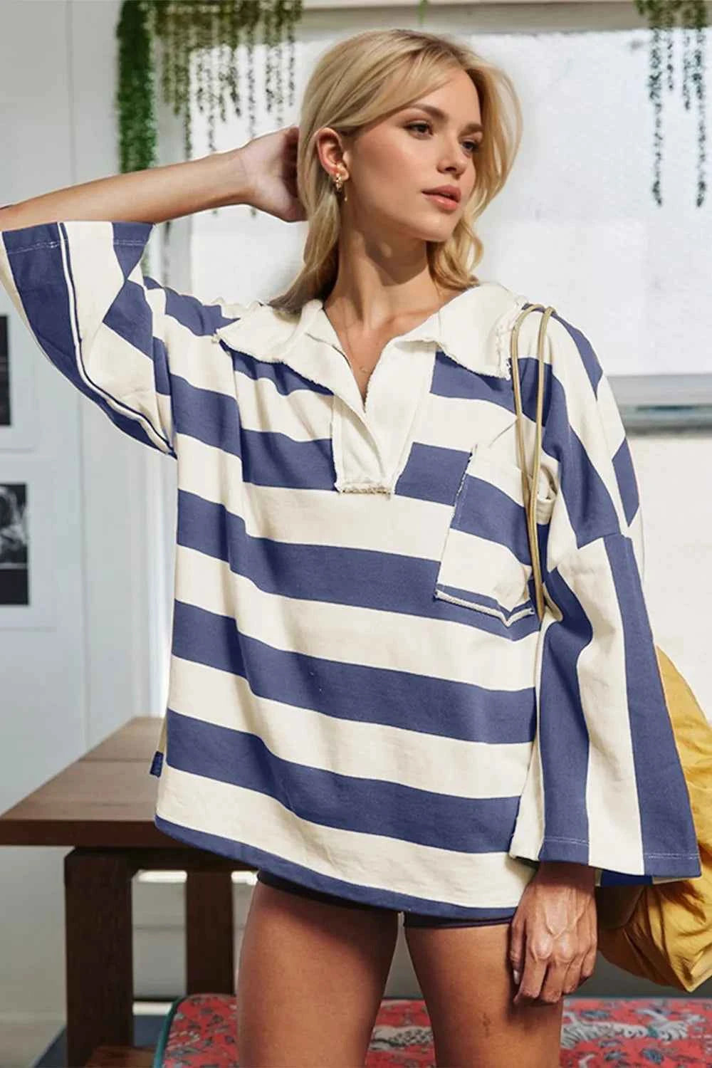 Oh Striped Johnny Collar Long Sleeve T-Shirt Dusty Blue b5c0ca6e-4d21-4a2d-9846-4c68d7a00372-Max
