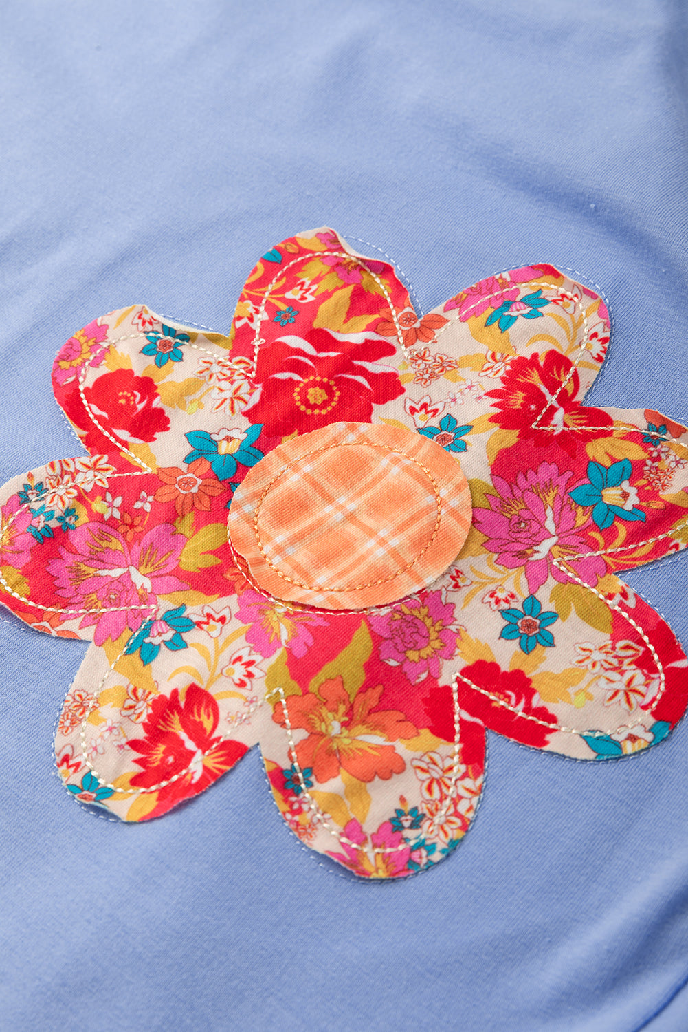 Sky Blue Flower Patched Exposed Stitching Trim Loose Tee b5c198f5a22f5262
