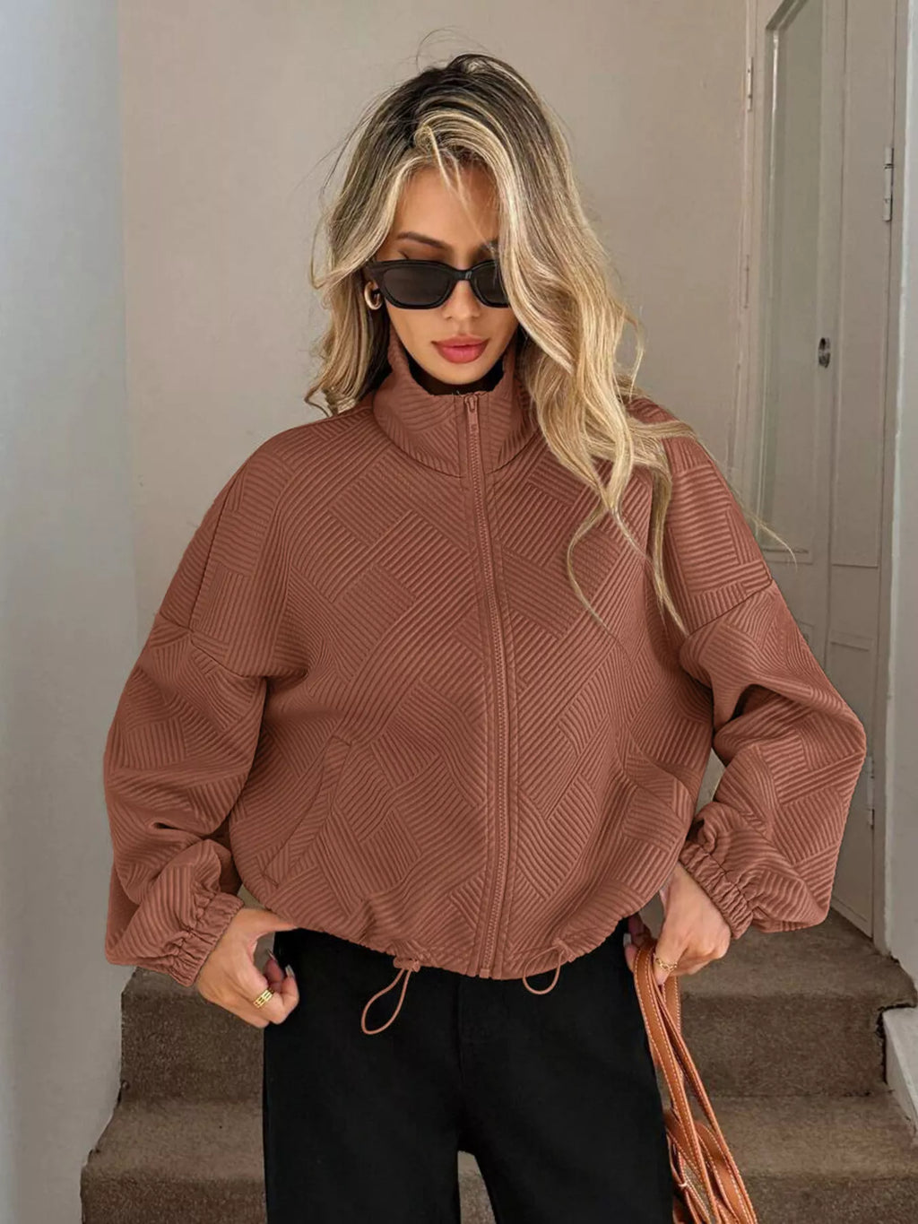Drawstring Hem Textured Long Sleeve Jacket b5d98cf91dc44a31b9ba9d9dfead3313-Max-Origin