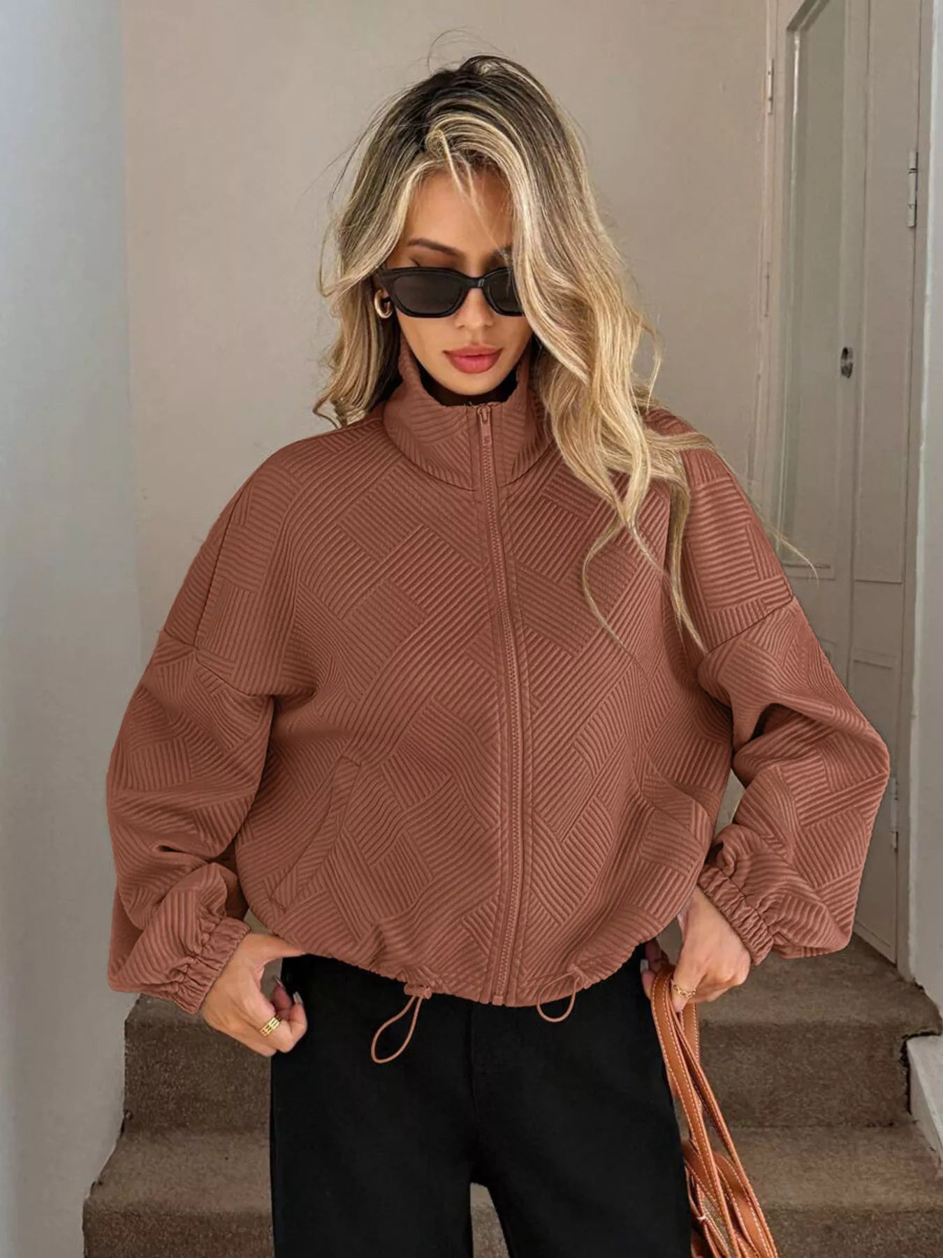 Drawstring Hem Textured Long Sleeve Jacket b5d98cf91dc44a31b9ba9d9dfead3313-Max-Origin