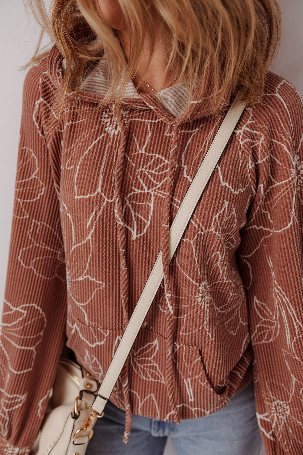 Brown Floral Twisted Rib Drawstring Kangaroo Pocket Hooded Top b5f681e782d05a27