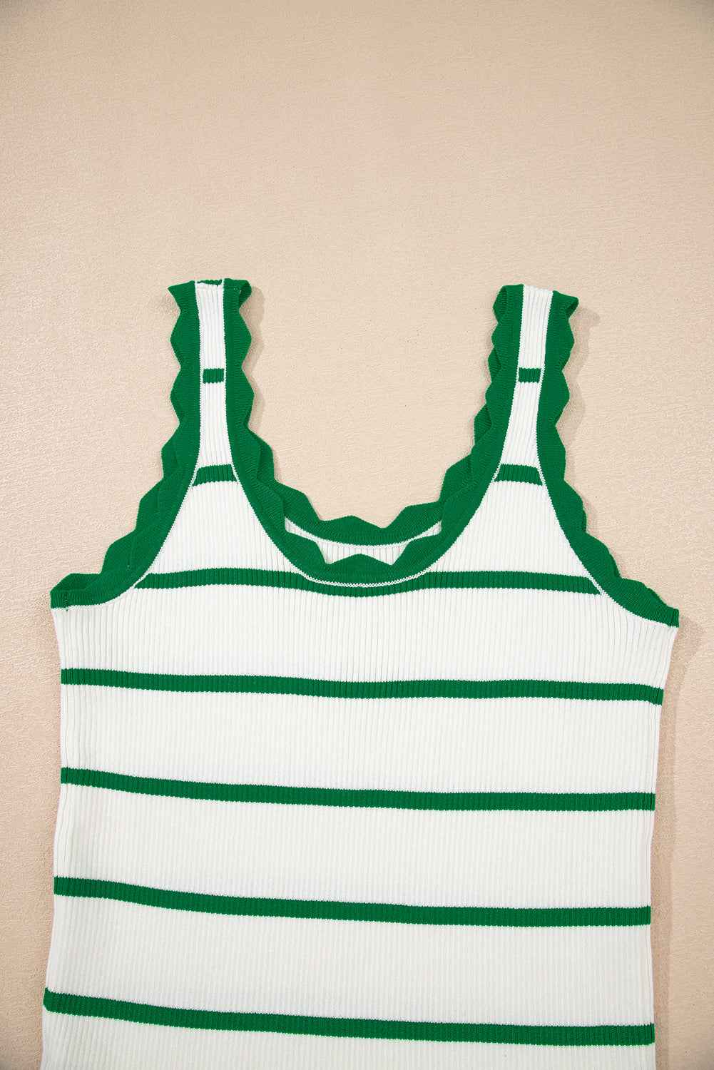 Bright Green Scalloped Edge Striped Ribbed Tank Top b5f70f1551aecb31