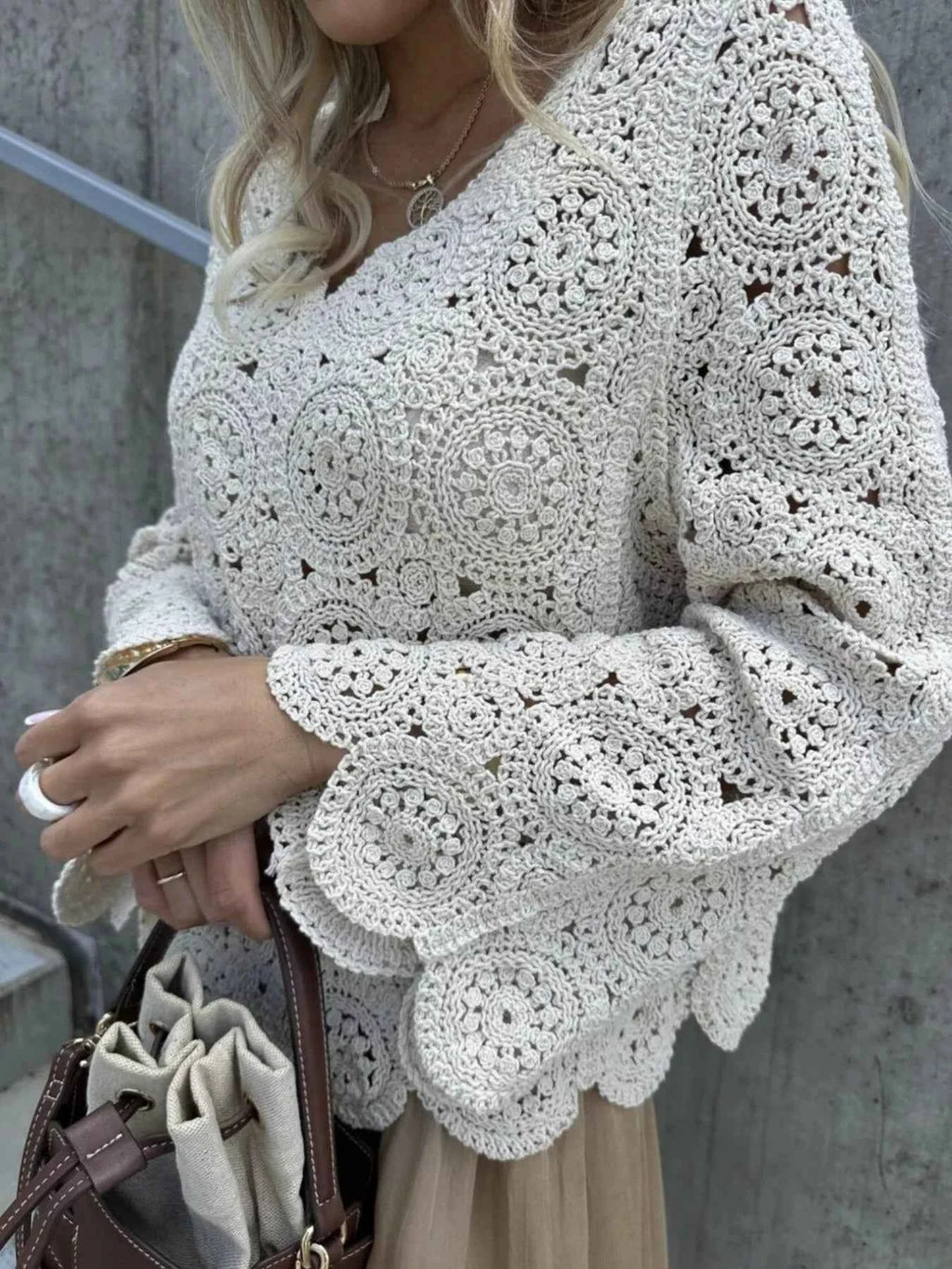 Crochet Lace V-Neck Bell Sleeve Knit Top b601da80-1e64-4455-b8be-8669ea2347ef-Max-Origin
