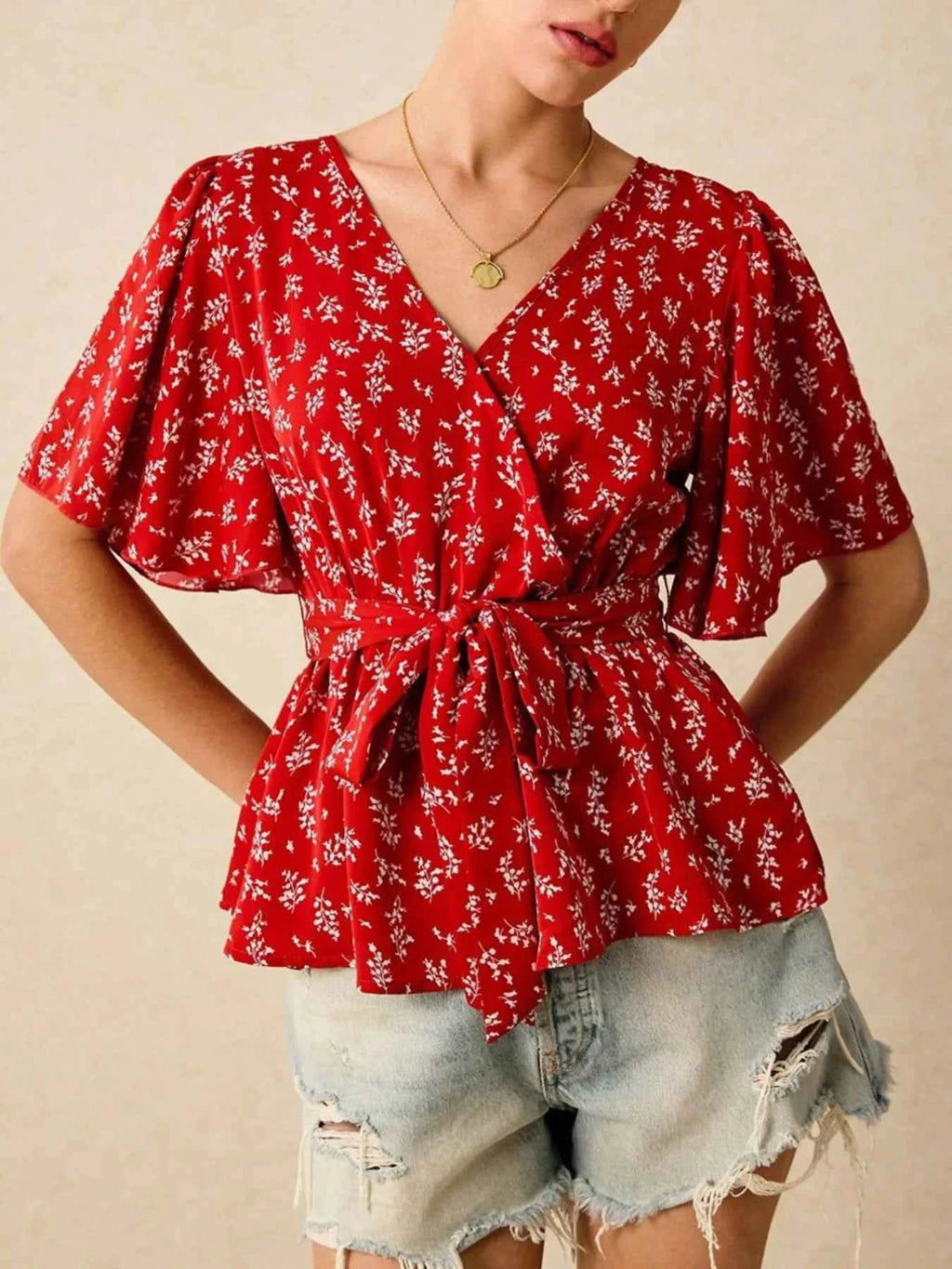 Printed Surplice Flutter Sleeve Blouse b617b076-2136-4e4c-923f-8d72433b28fa-Max-Origin