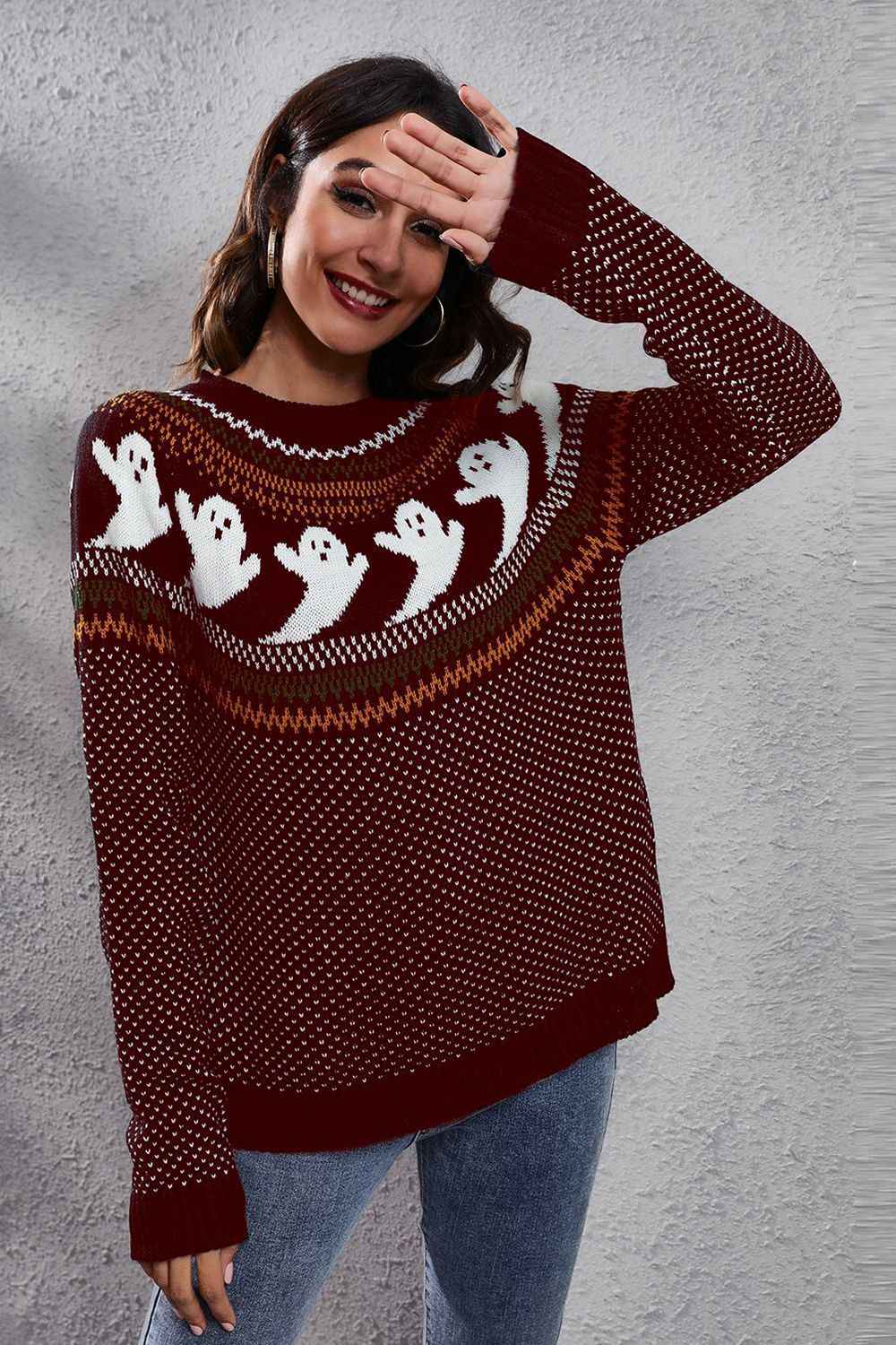 Ghost Pattern Round Neck Long Sleeve Sweater Wine b6182a6dee3e440e969c2cf4ea317484-Max