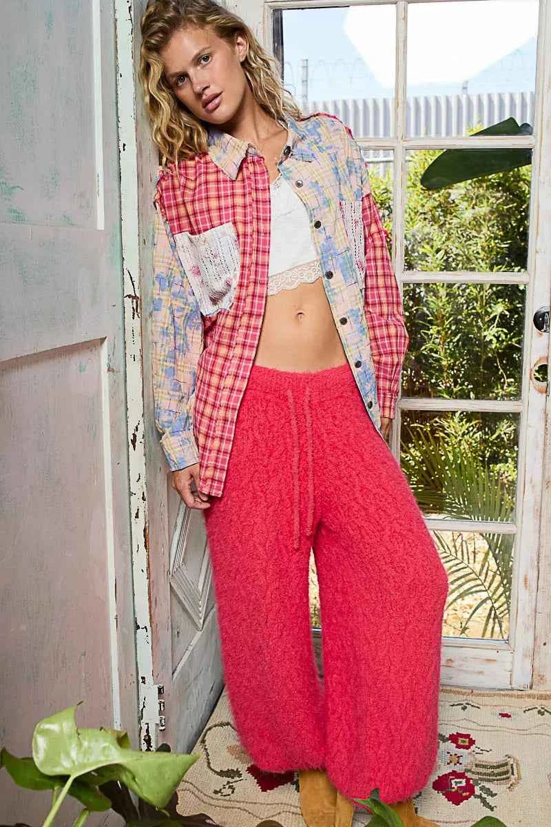 POL Patchwork Plaid Button-Up Shirt with Contrast Pockets b61cd30a-c365-49ef-b48a-48280e5bba97-Max-Origin