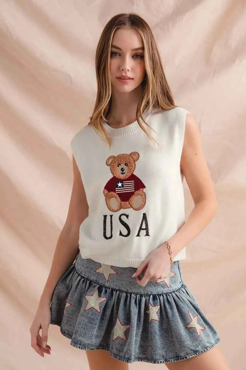 SO ME Teddy Bear Wearing An American Flag With Usa Embroidered Sweater Vest b61eb1055564470cb4bbeac8afef534e-Max-Origin